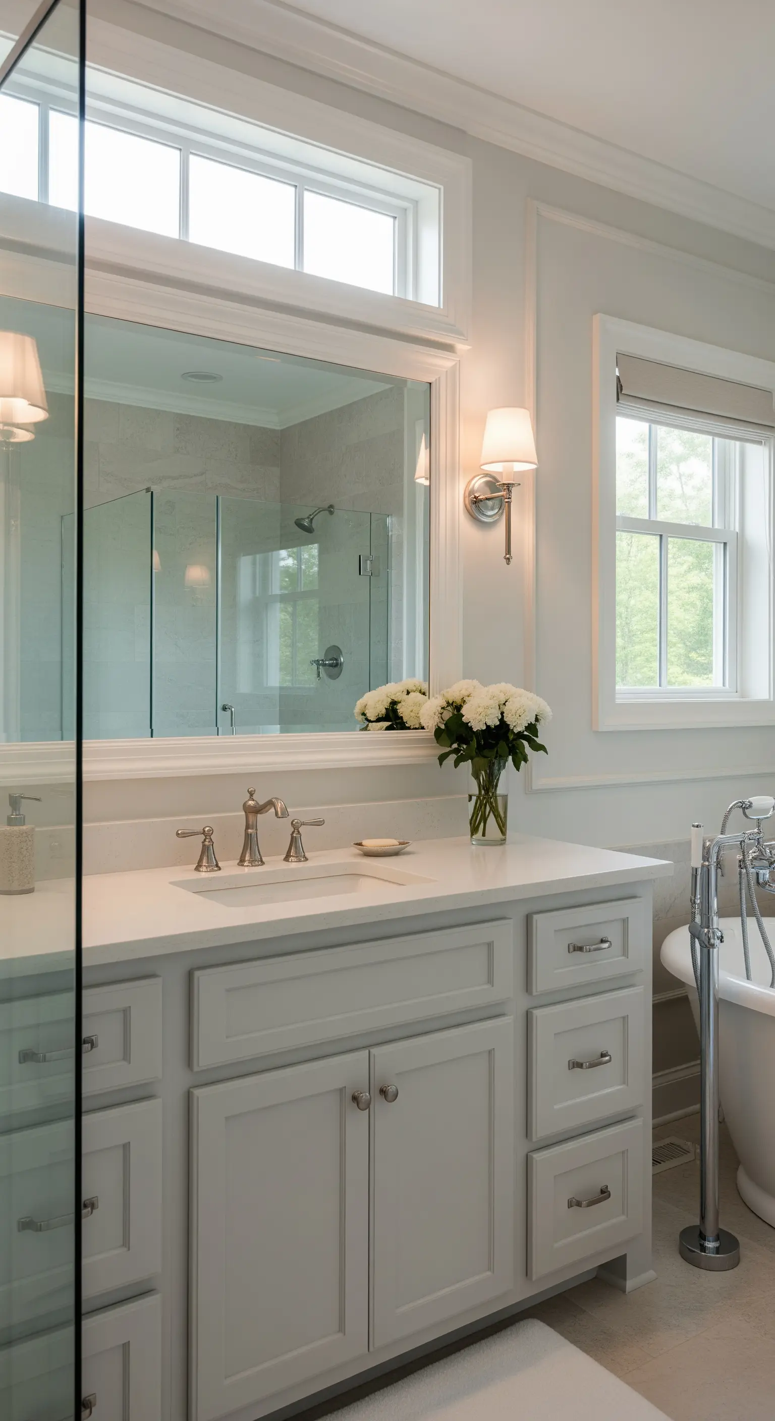 Klassisches Badezimmer mit einem großen Spiegel in einem breiten, weißen Holzrahmen und eleganten Wandleuchten.