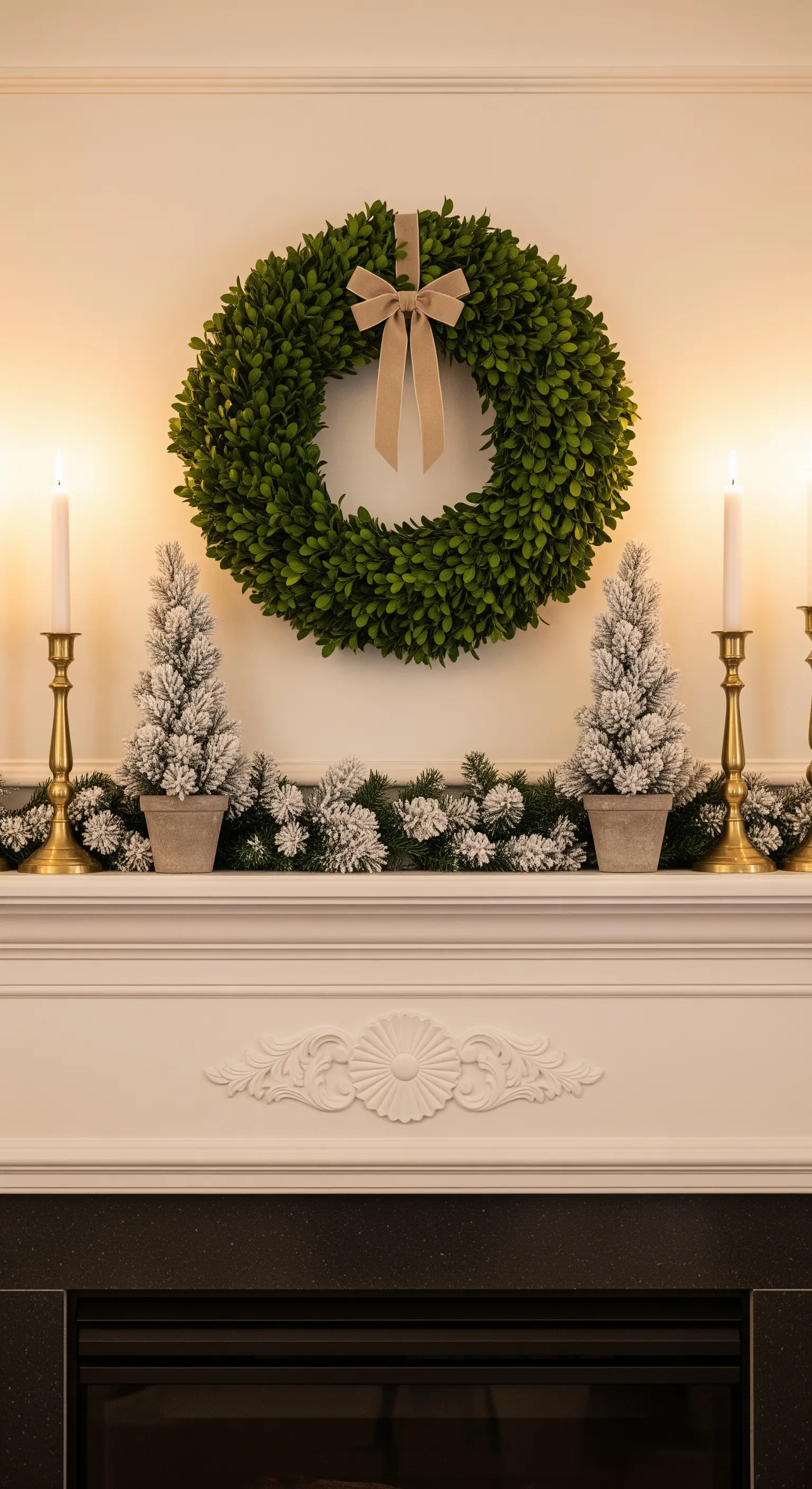 Symmetrisch dekorierte Kaminumrandung mit Buchsbaumkranz und Kerzen.