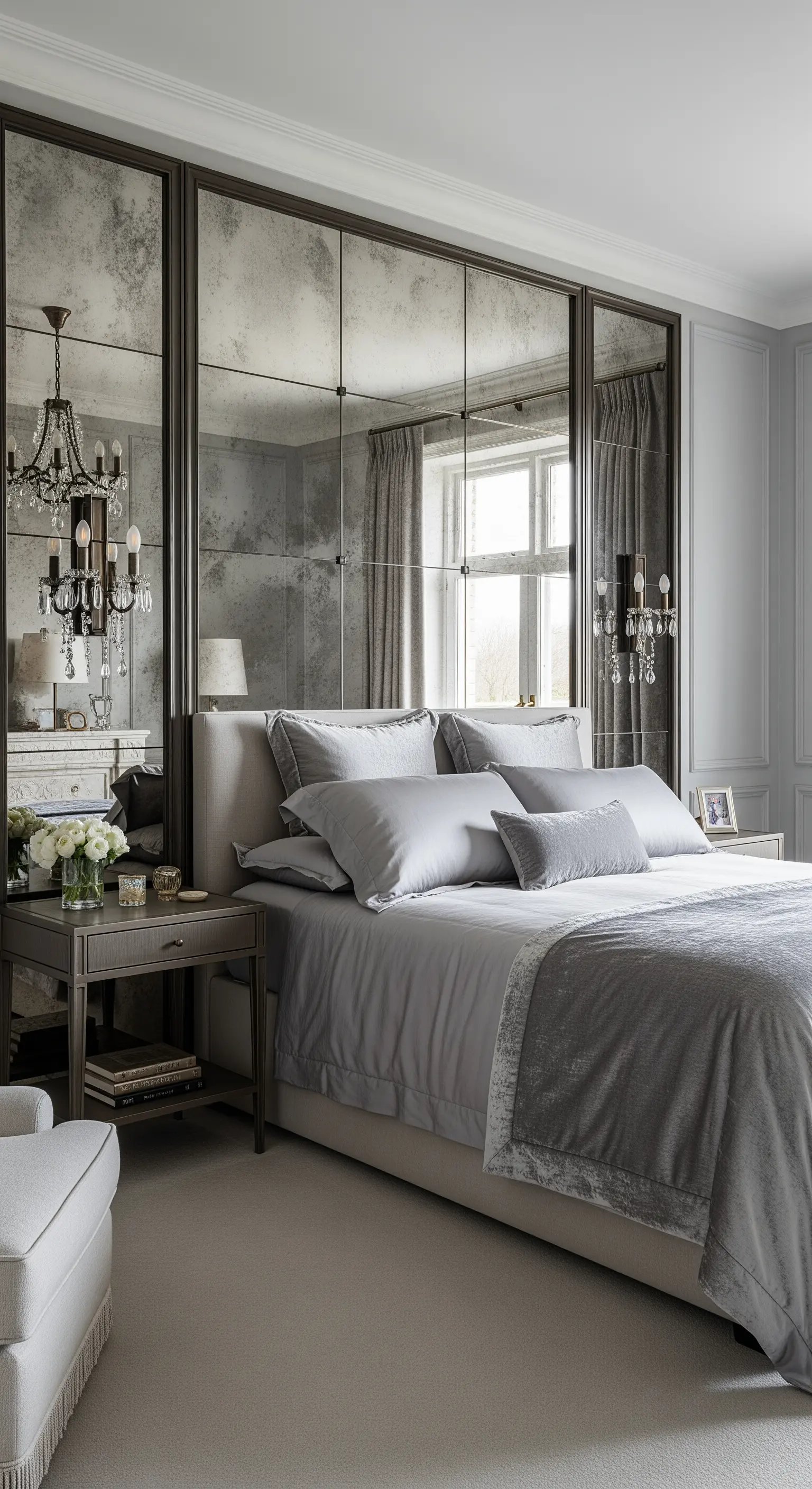 Gepolstertes Bett vor einer Wand aus großen Antikspiegeln, die den Raum vergrößern