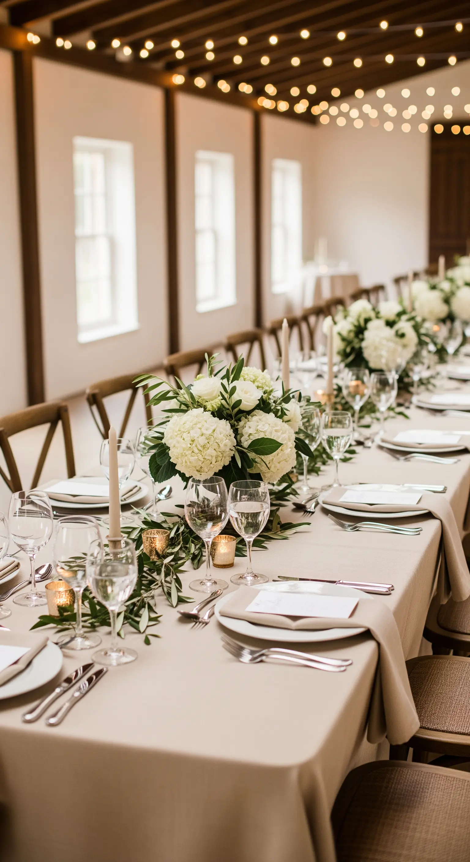 Lange Hochzeitstafel in Beige und Weiß mit Hortensien, Olivenzweigen und Kerzen.
