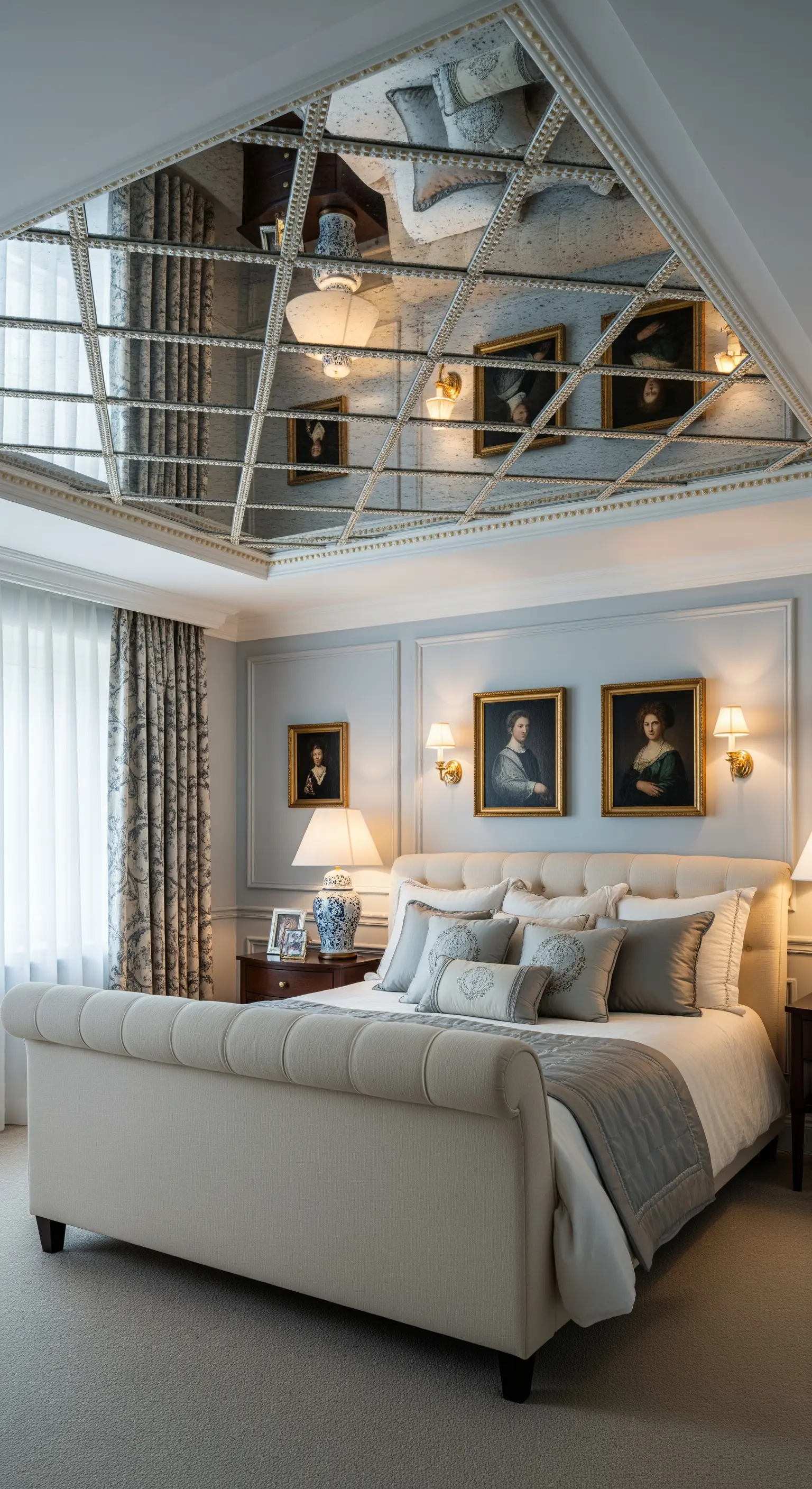 Klassisches, elegantes Schlafzimmer mit Antikspiegel-Decke und Porträt-Galerie.
