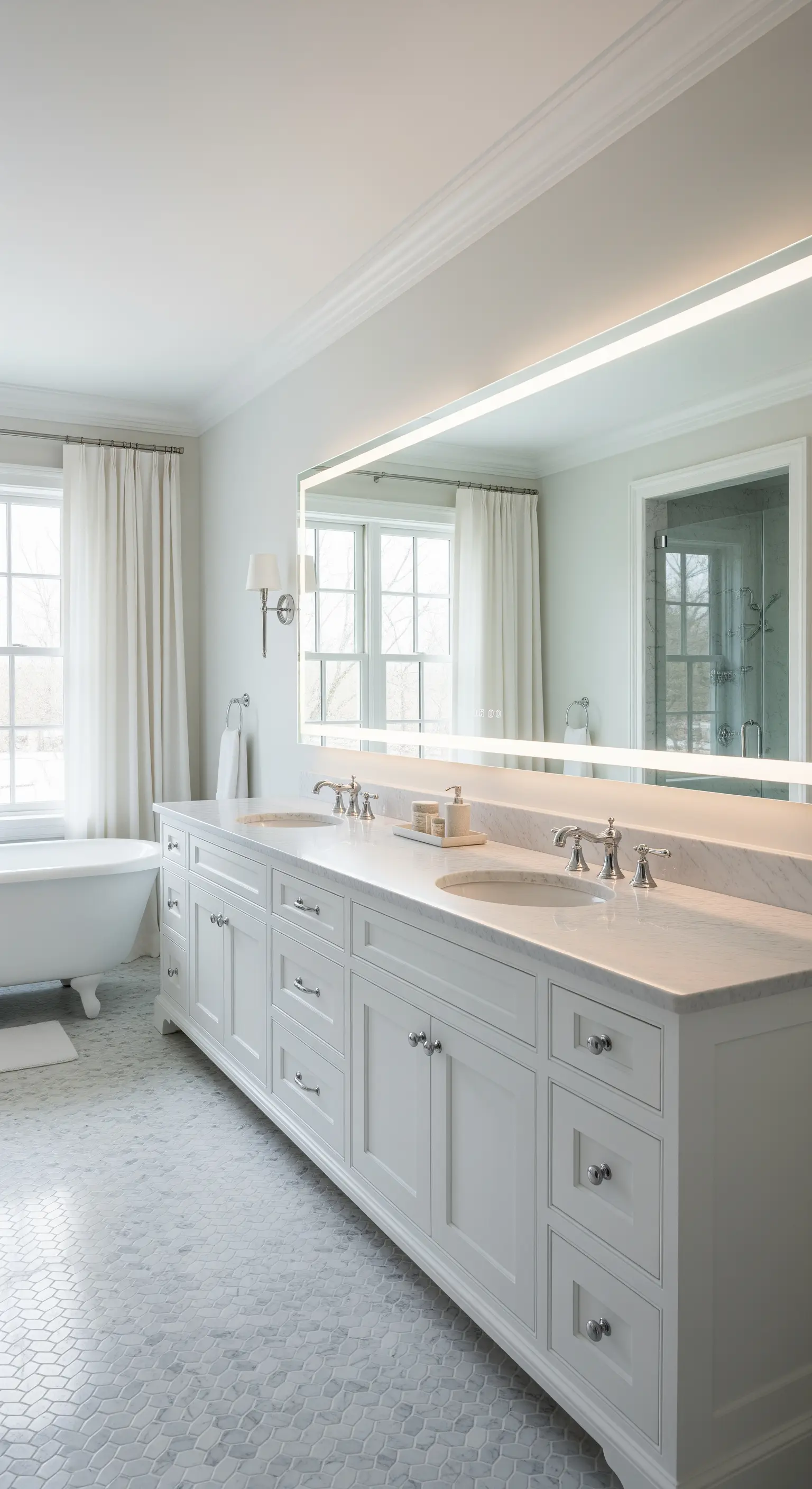 Großer wandfüllender Spiegel mit LED-Licht über einem klassischen weißen Doppelwaschtisch.