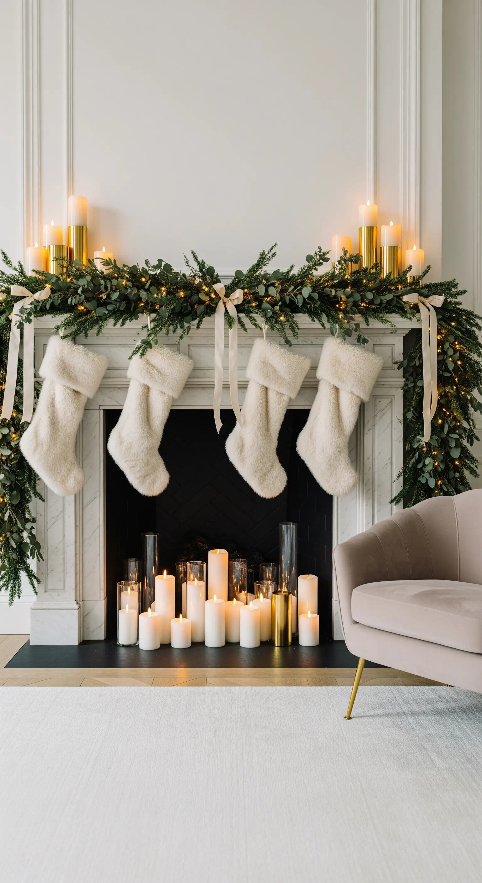 Weißer Kamin mit grüner Girlande, weißen Strümpfen, goldenen Kerzen und Eukalyptus