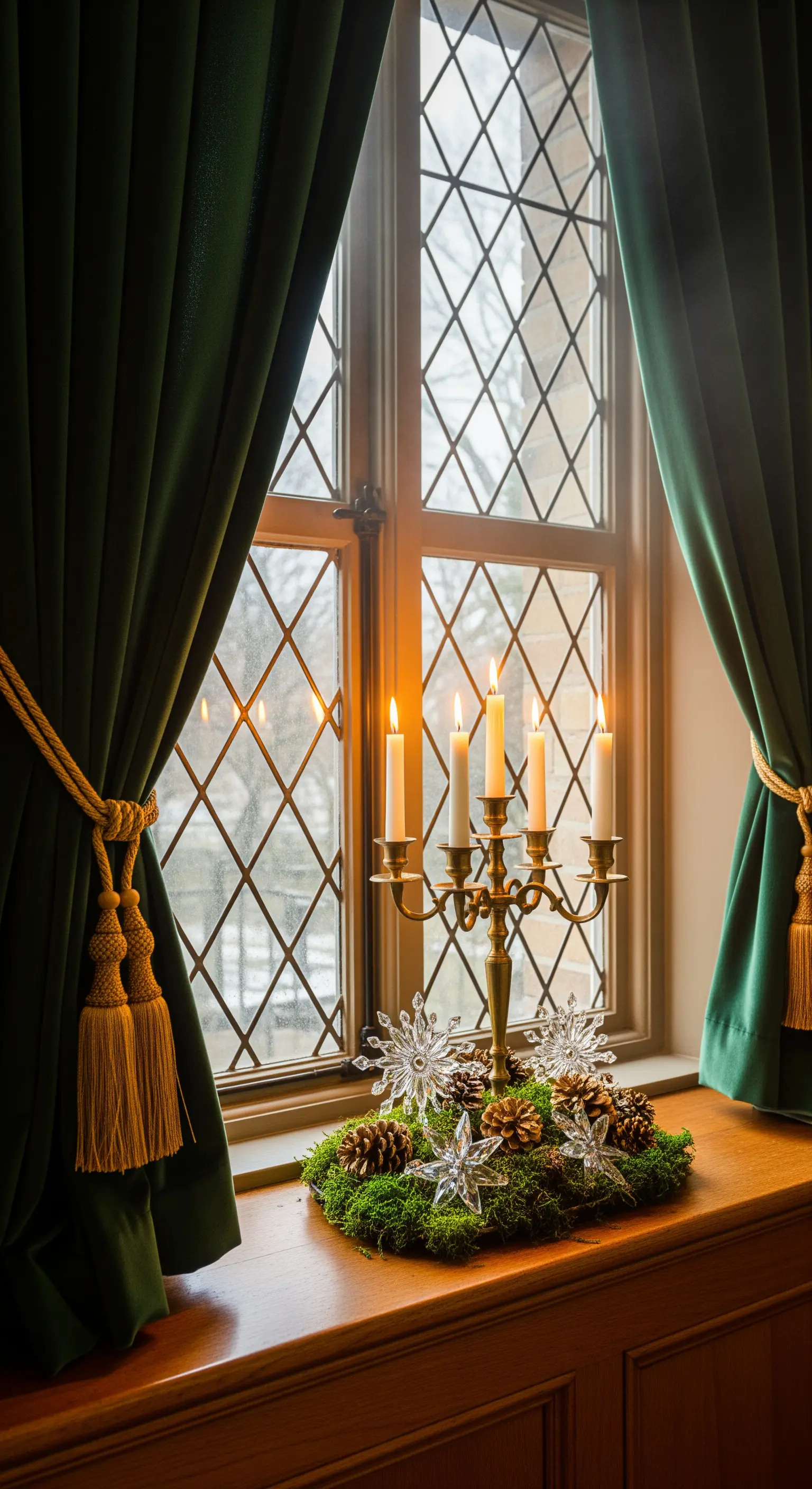 Goldener Kerzenleuchter mit Mooskranz und Dekoschneeflocken auf einer Fensterbank, umrahmt von grünen Samtvorhängen