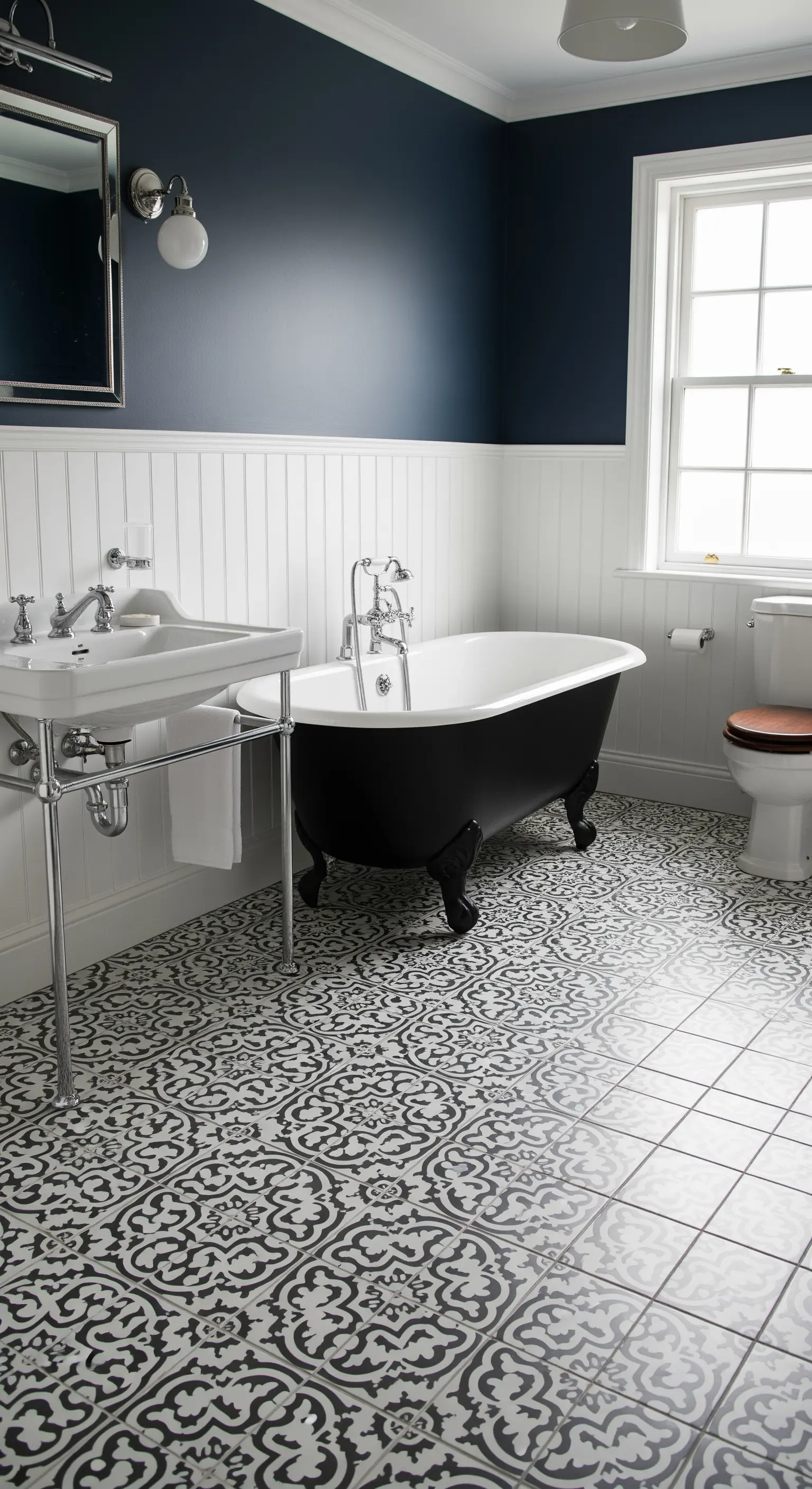Klassisches Badezimmer mit schwarz-weißen Ornamentfliesen und schwarzer Klauenfußwanne.