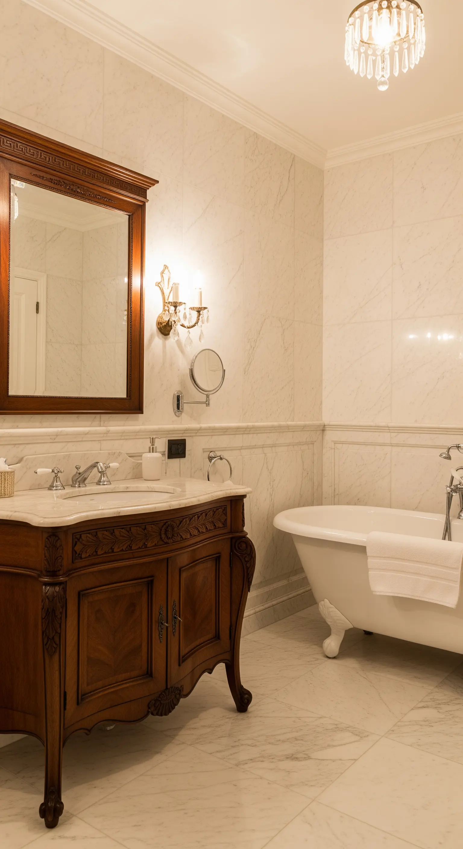 Klassisches Badezimmer mit cremefarbenem Marmor, Holzkommode und freistehender Badewanne.