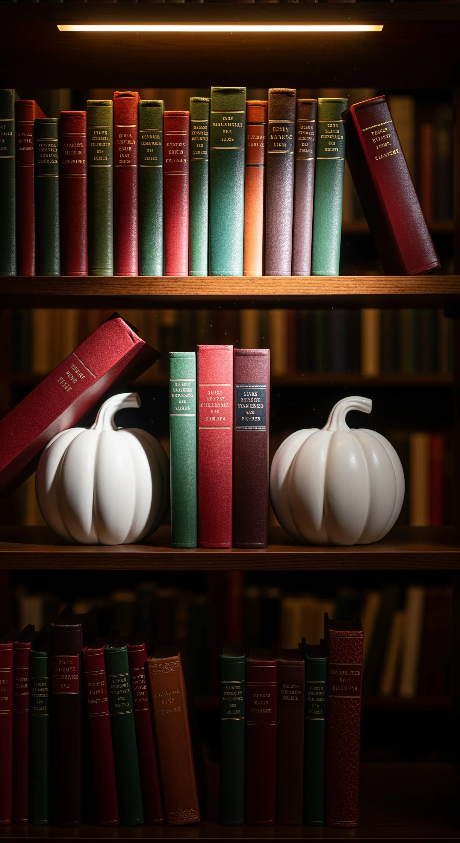 Dunkles Bücherregal mit Büchern und zwei weißen Keramikkürbissen.