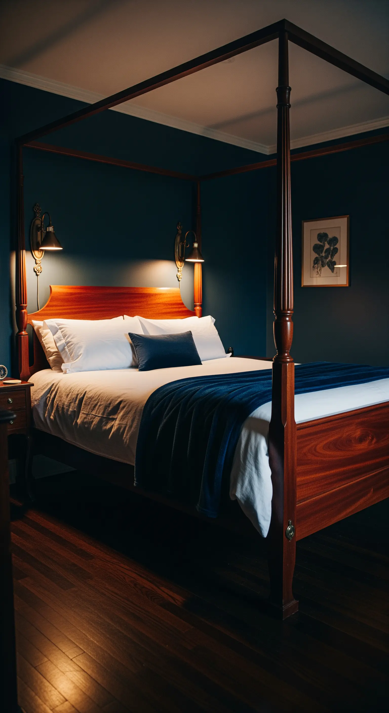 Klassisches Himmelbett aus dunklem Holz vor einer tiefblauen Wand mit Leselampen.