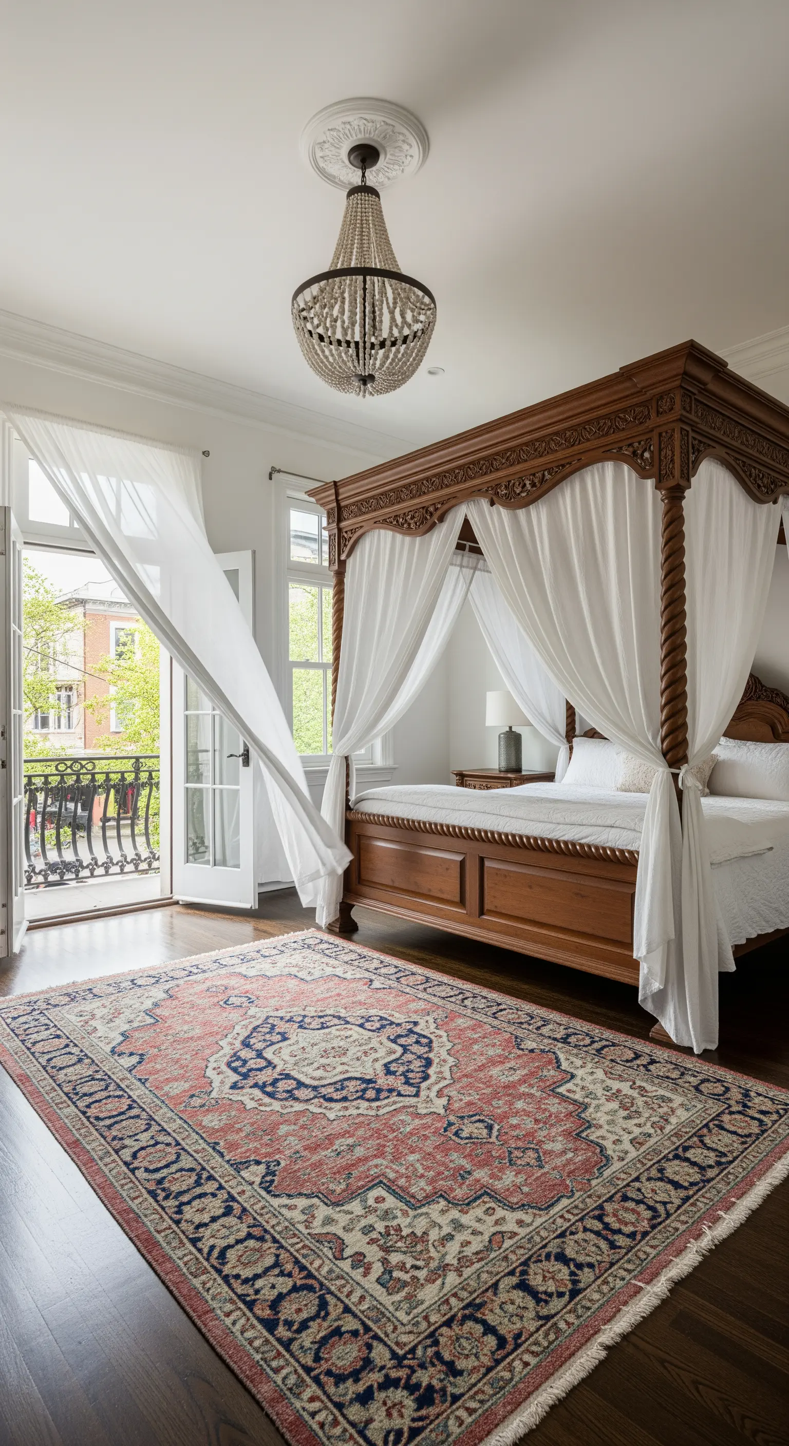 Elegantes Schlafzimmer mit einem massiven Himmelbett aus Holz und einem großen Perserteppich.