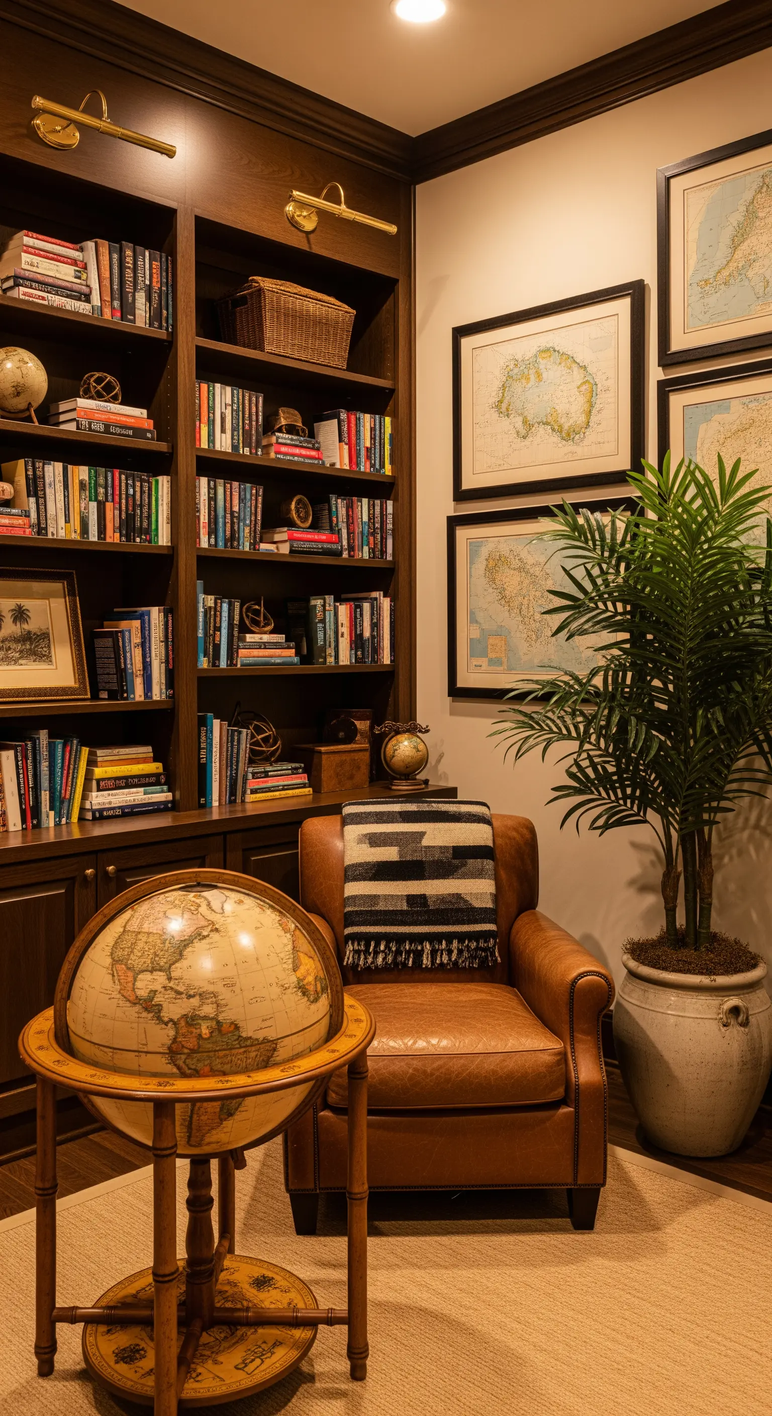 Dunkle Bibliotheksecke mit Ledersessel, Globus und einer großen Palme