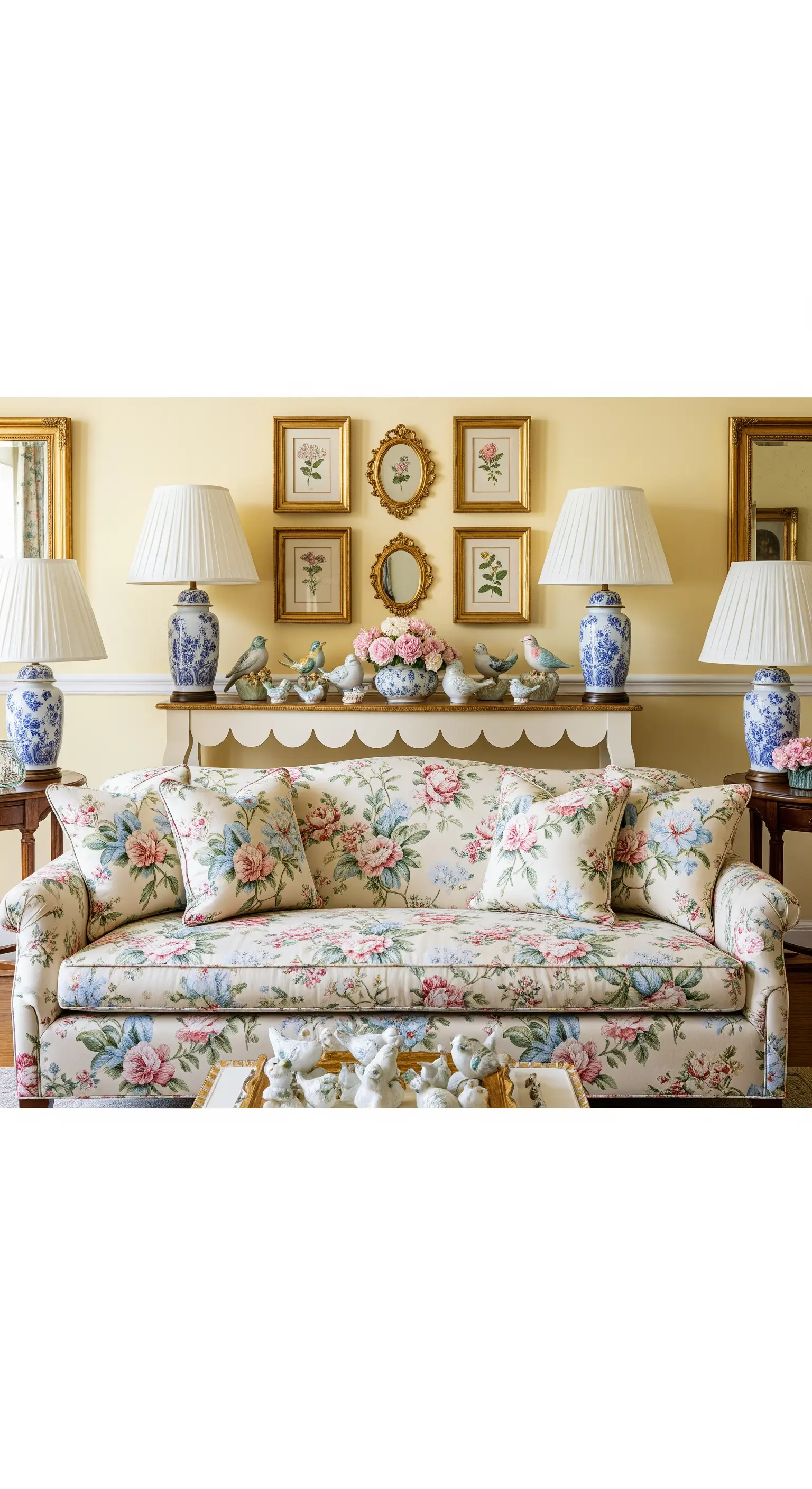 Traditionelles Wohnzimmer mit geblümtem Sofa, gelben Wänden und symmetrischer Deko.