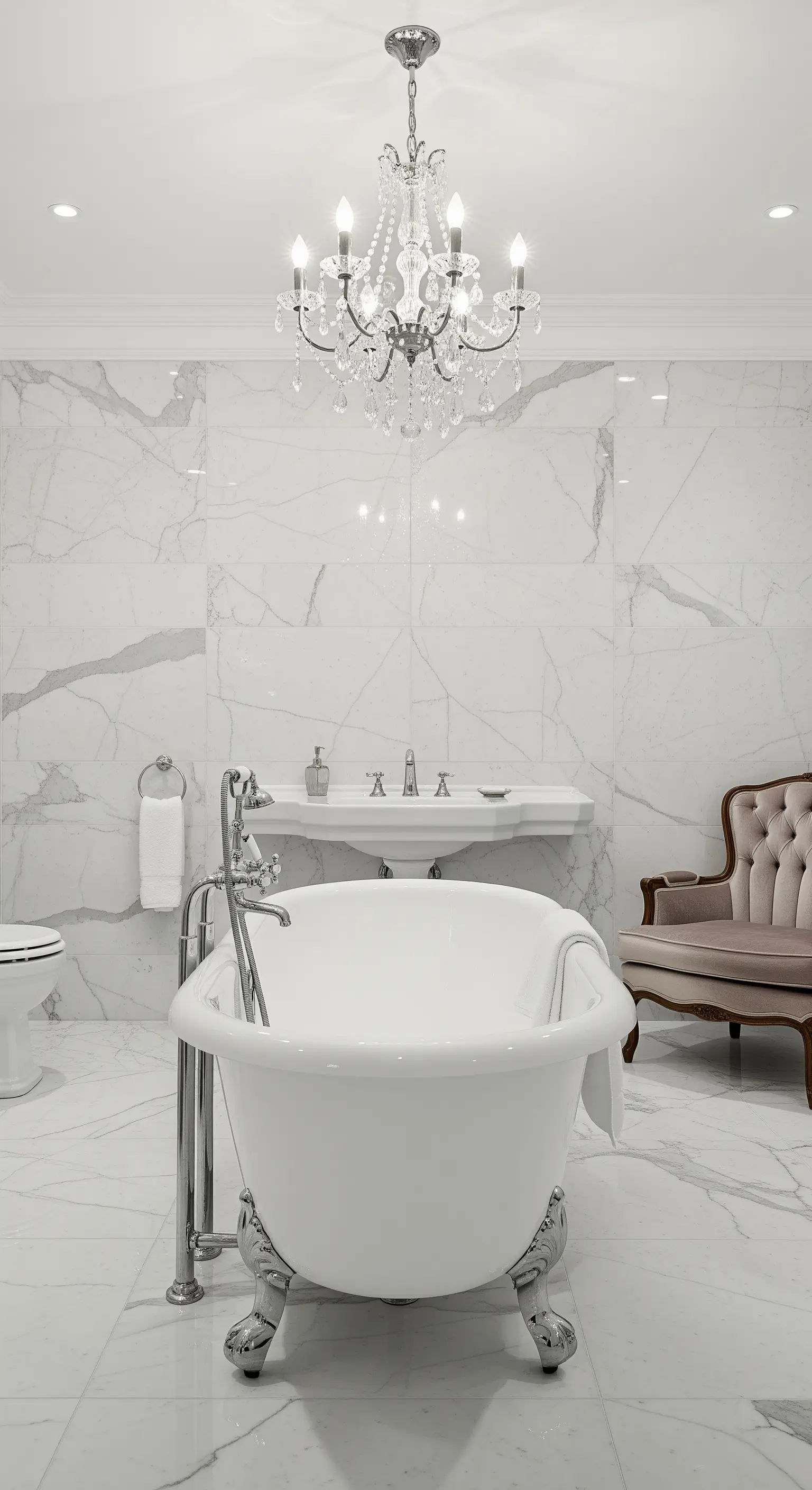 Klassische Löwenfuß-Badewanne unter einem Kristall-Kronleuchter in einem Badezimmer aus Marmor.