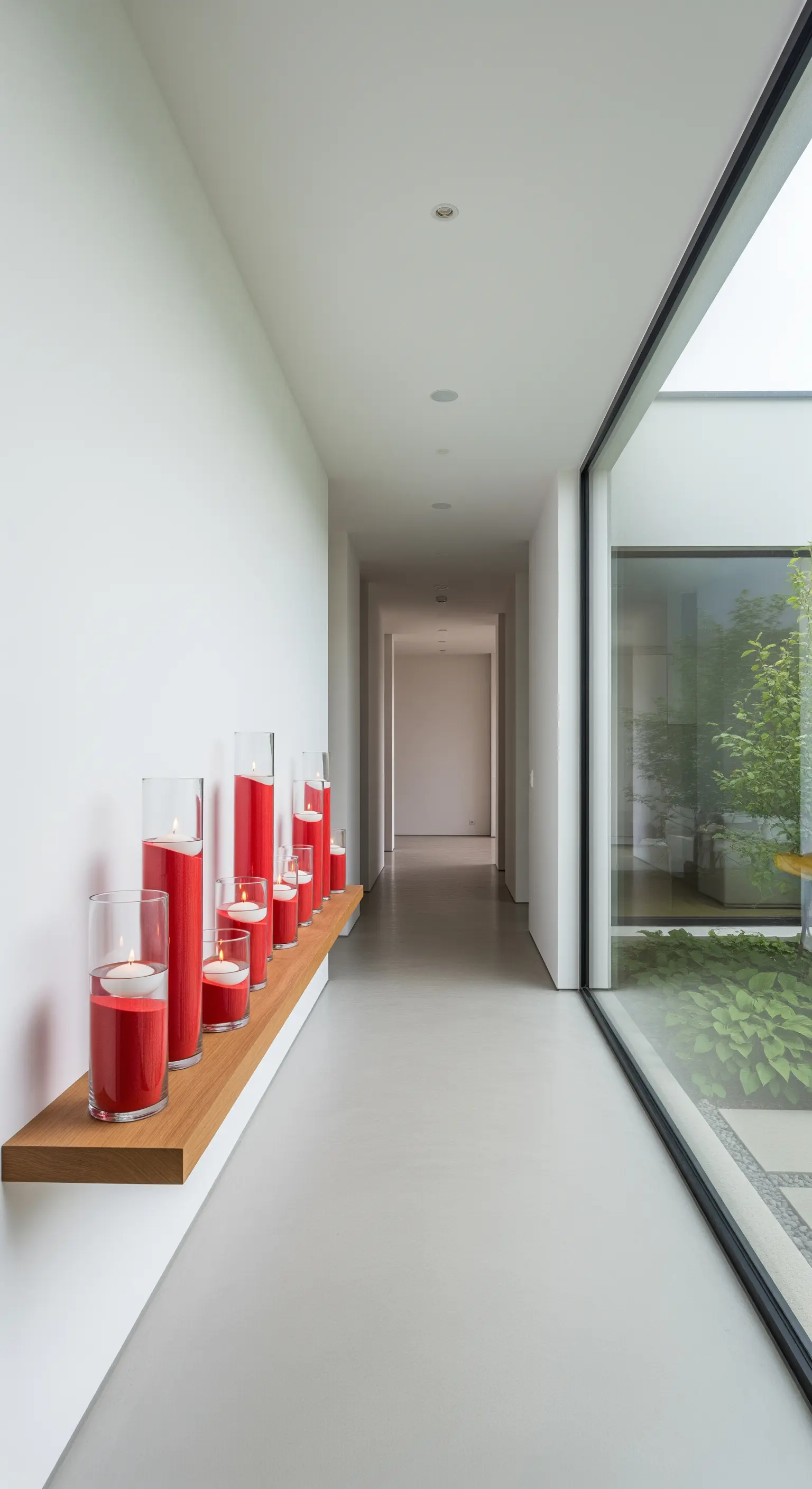 Moderner Flur mit Holzregal, roten Zylinderkerzen und Hofblick.