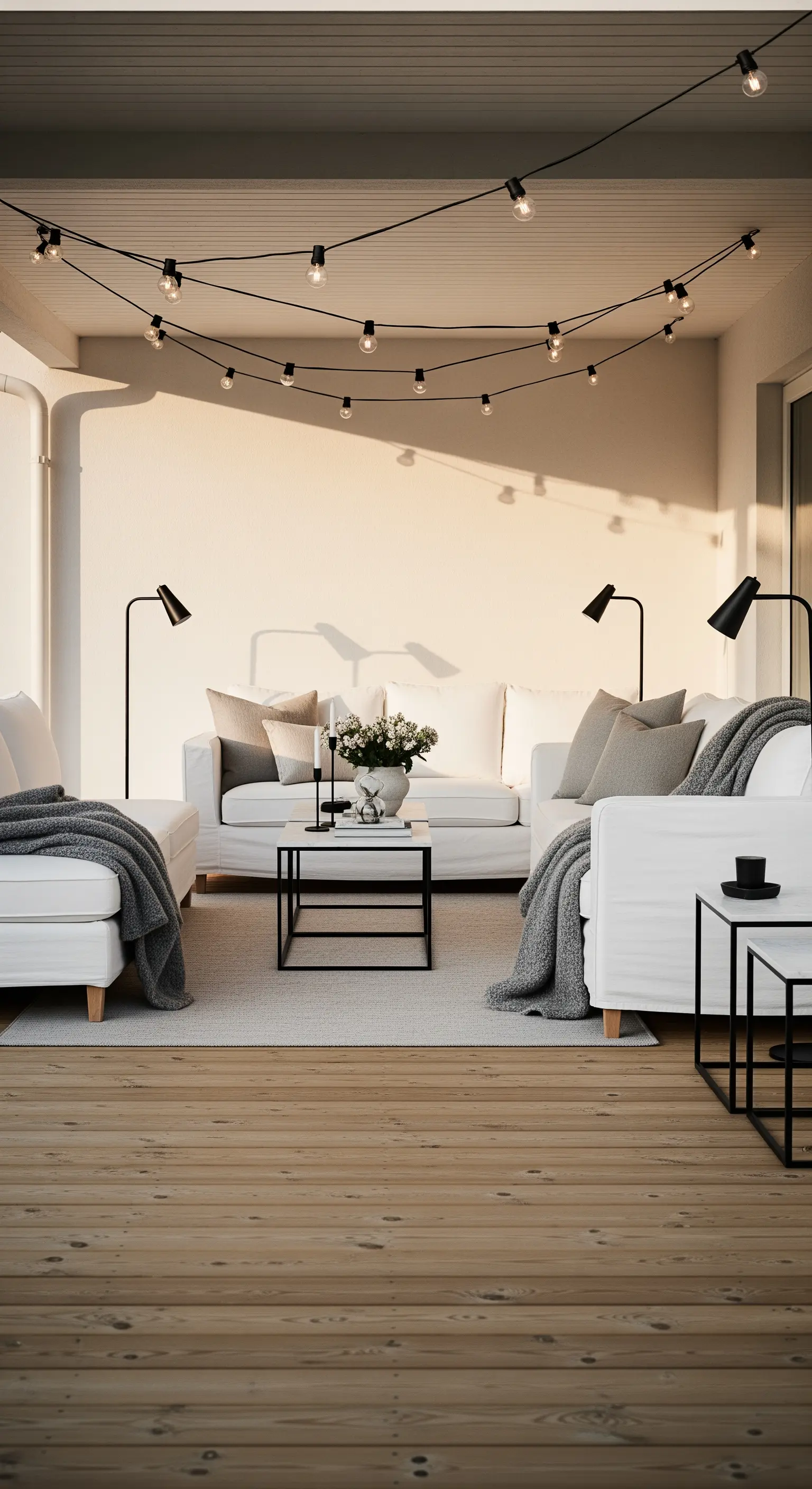 Weiße Lounge auf Veranda mit Lichterketten, Stehlampen und grauen Kuscheldecken