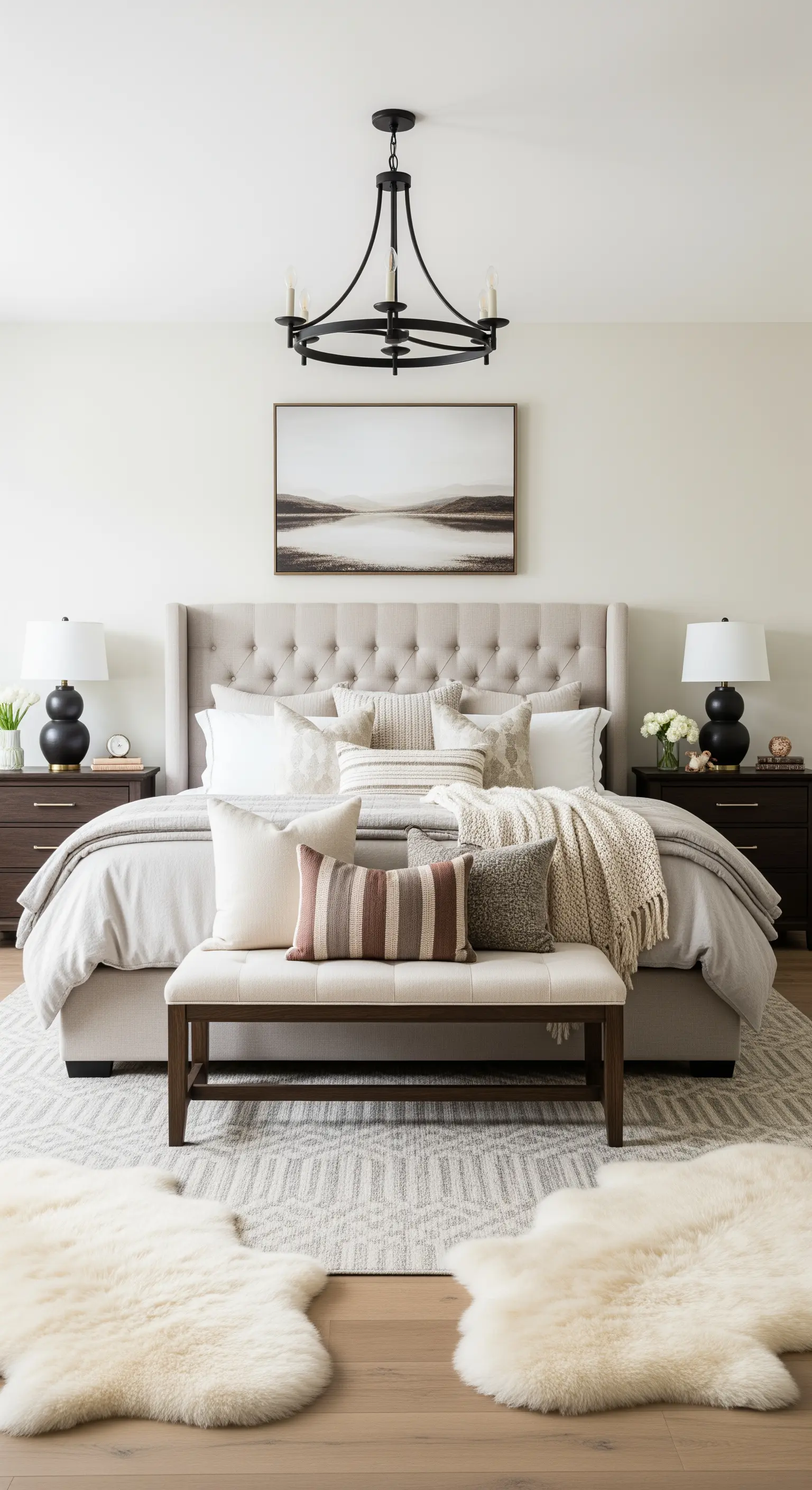 Elegantes, neutrales Schlafzimmer mit einem gepolsterten Bett und vielen texturierten Kissen.