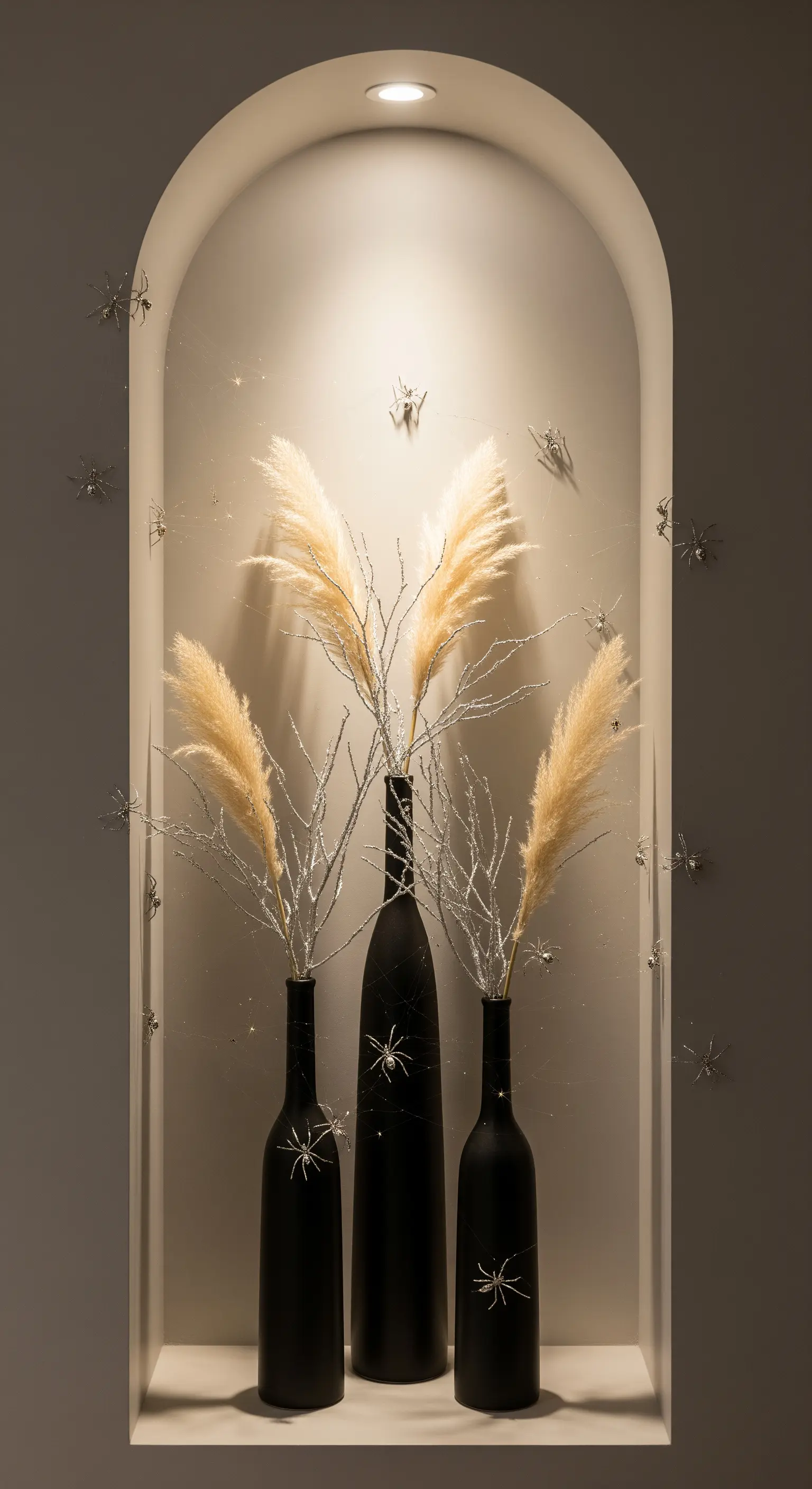 Minimalistische Halloween-Nischendeko mit Pampasgras, Spinnen und schwarzen Vasen.