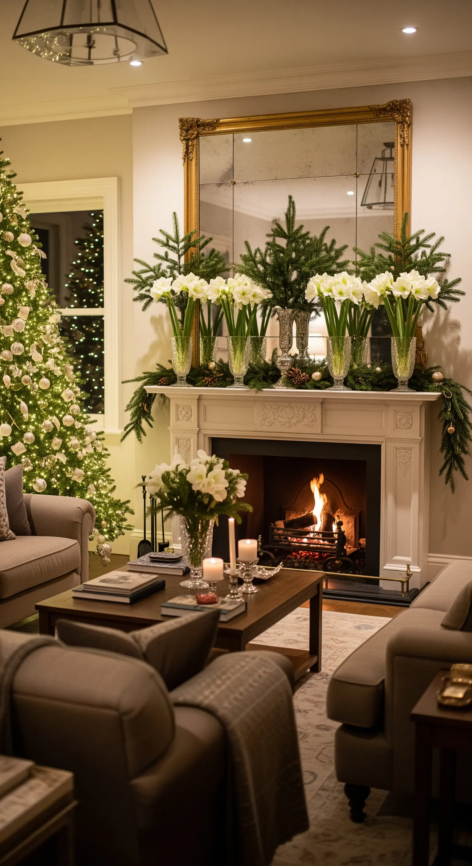 Weiße Amaryllis, Tannengirlande und Kerzen auf elegantem Kamin