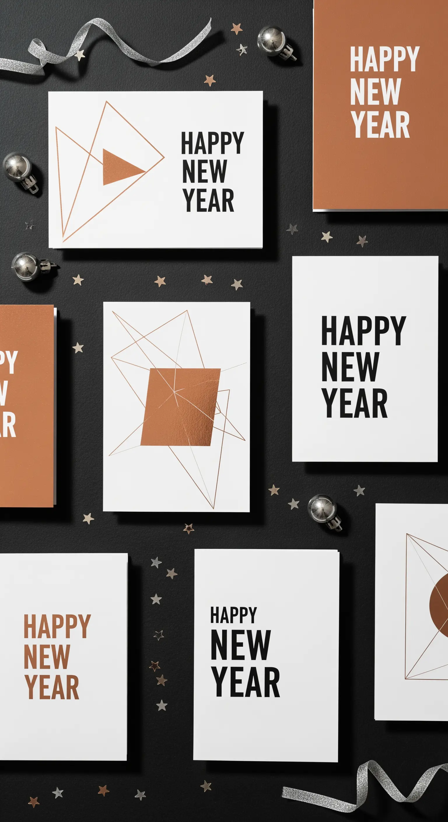 Moderne Neujahrskarten in Weiß, Kupfer und Schwarz mit geometrischen Mustern und