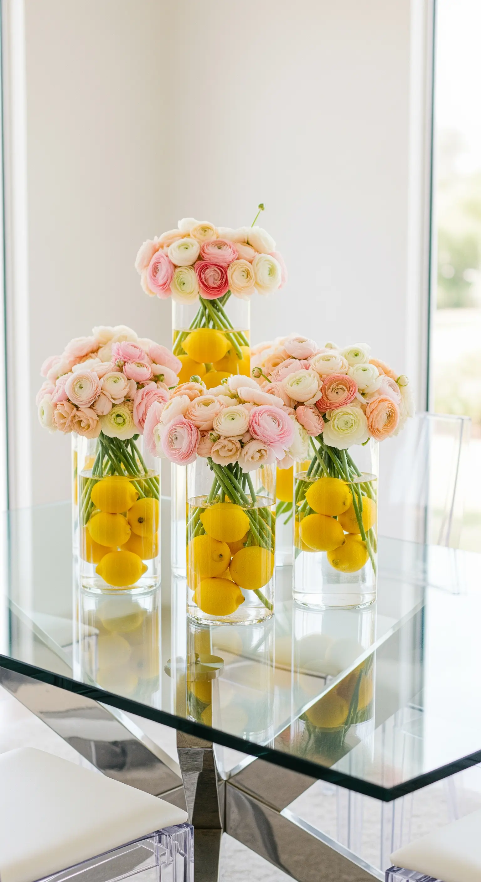 Glastisch mit mehreren Glasvasen, gefüllt mit Zitronen und rosa Ranunkeln