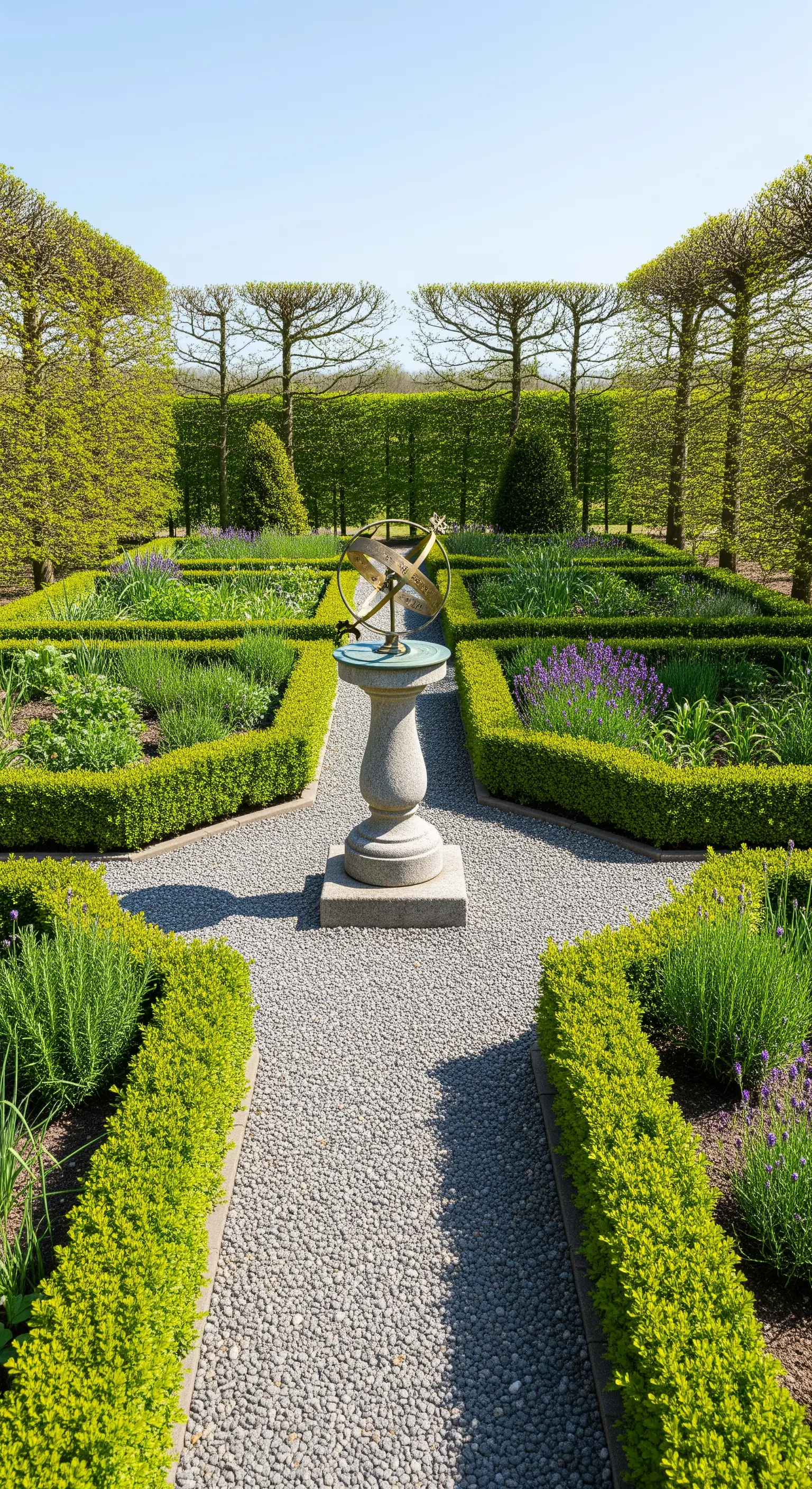 Sonnenuhr auf Sockel in formalem Garten mit Buchsbaumhecken und Kieswegen