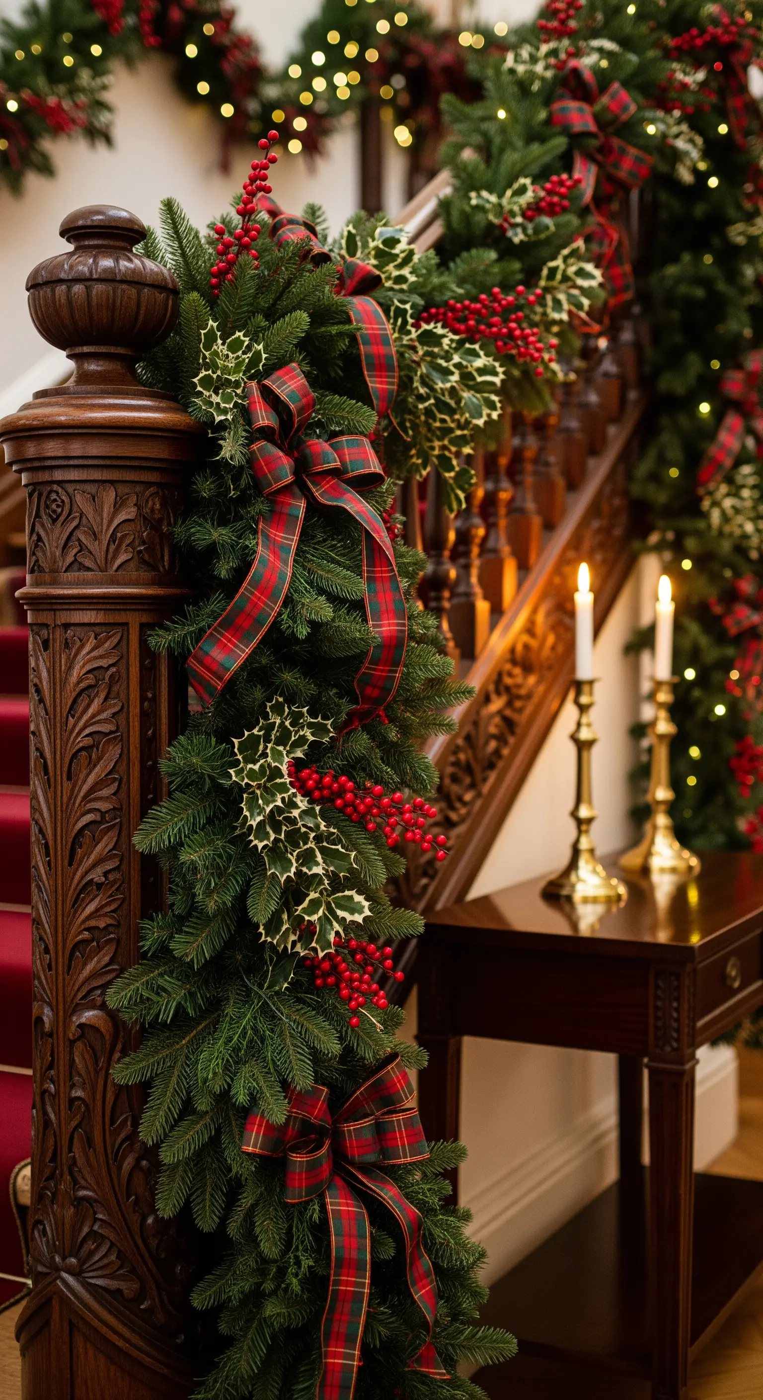 Traditionelle Tannengirlande mit roten Karoschleifen und Stechpalme an Holztreppe.