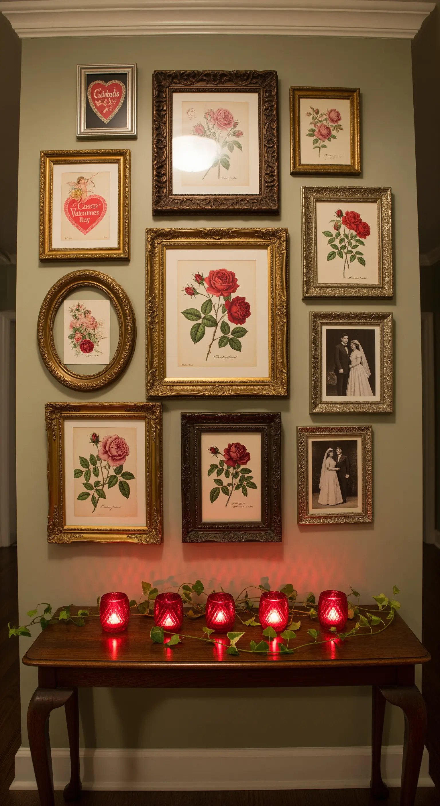 Galerie Wand, botanische Rosen-Drucke, Vintage Fotos, rote Teelichter, Efeu