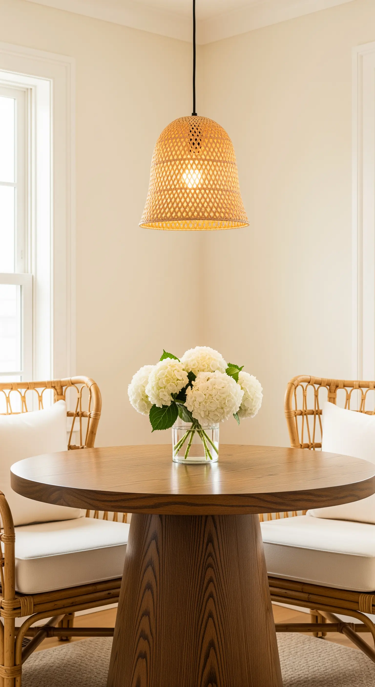 Kleine Essecke, runder Holztisch, Rattan-Stühle, Hortensien, Rattan-Leuchte