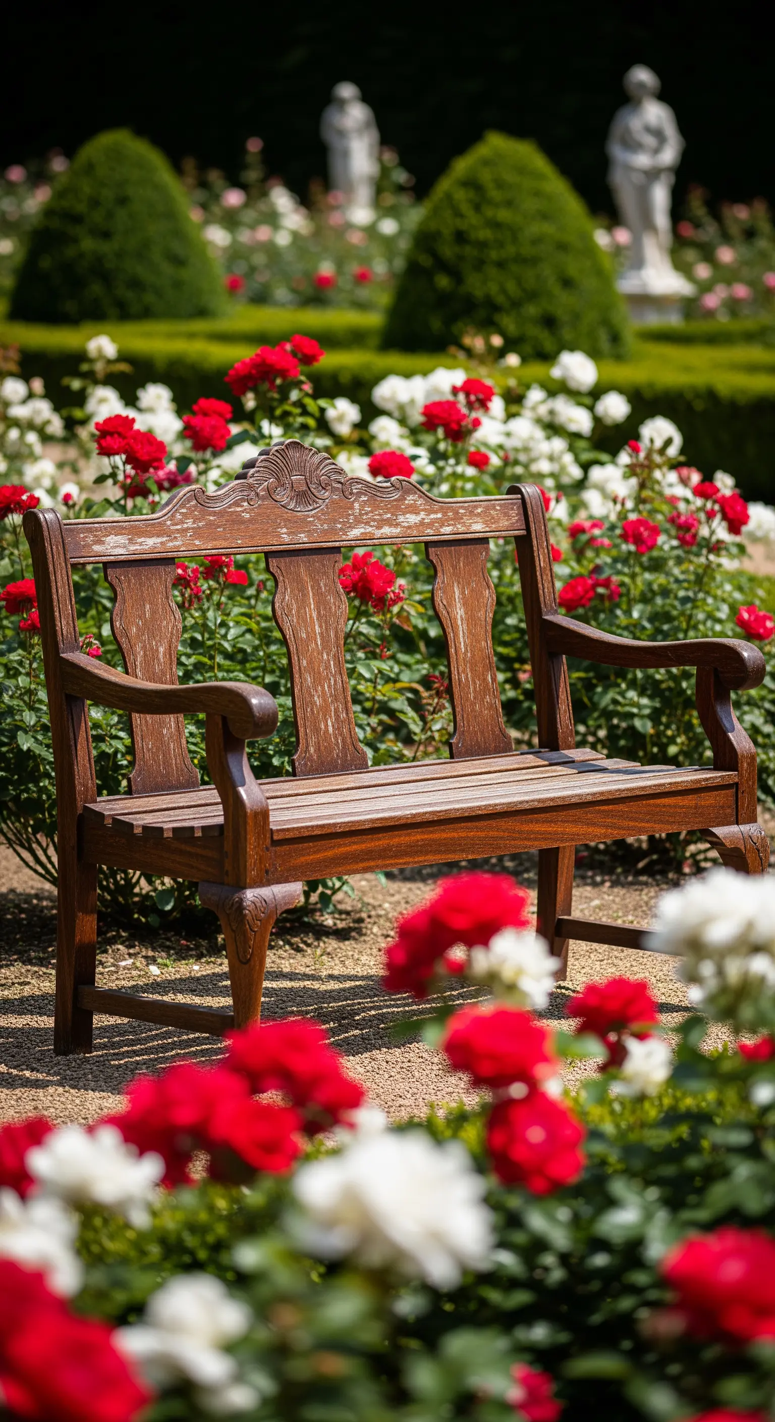 Klassische Holzgartenbank umgeben von roten und weißen Rosen