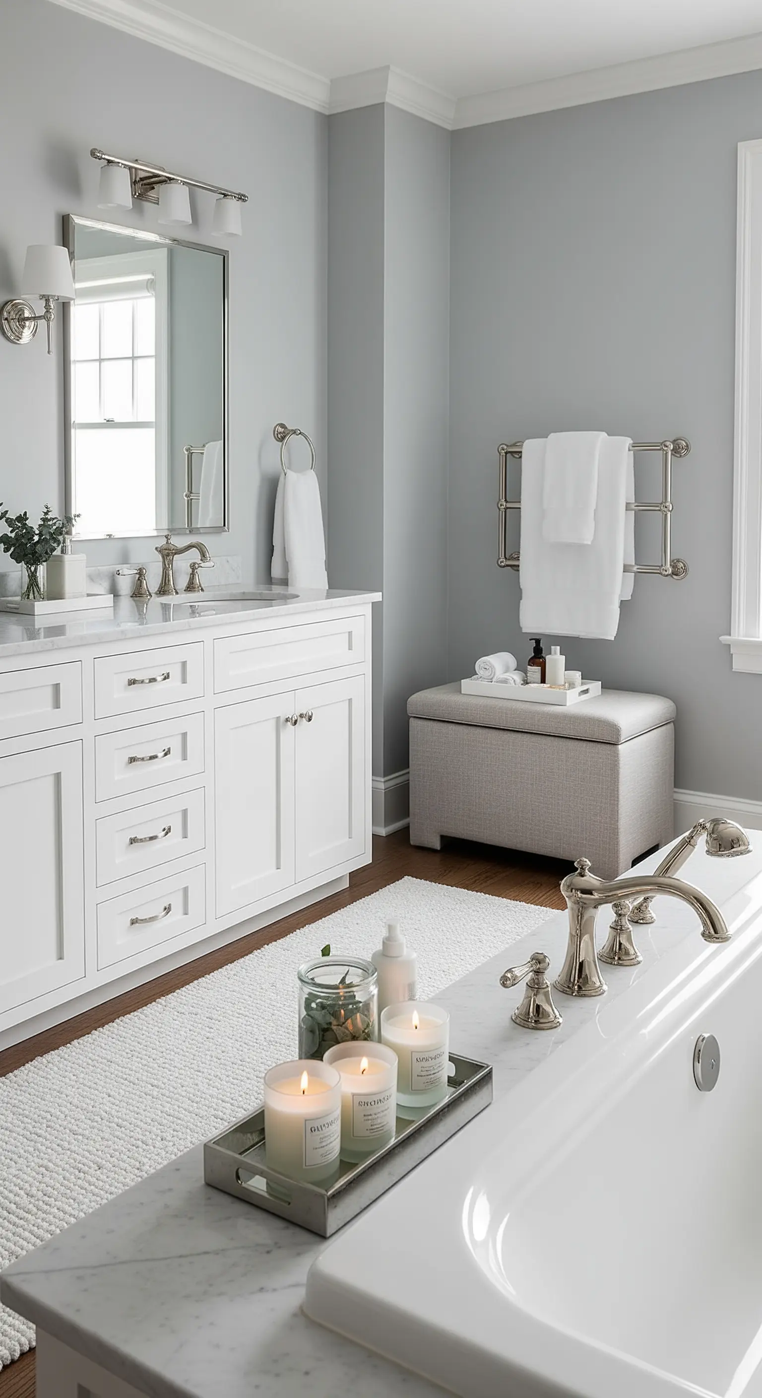 Klassisches Badezimmer in Grau und Weiß mit aufgeräumtem Tablett und Kerzen.