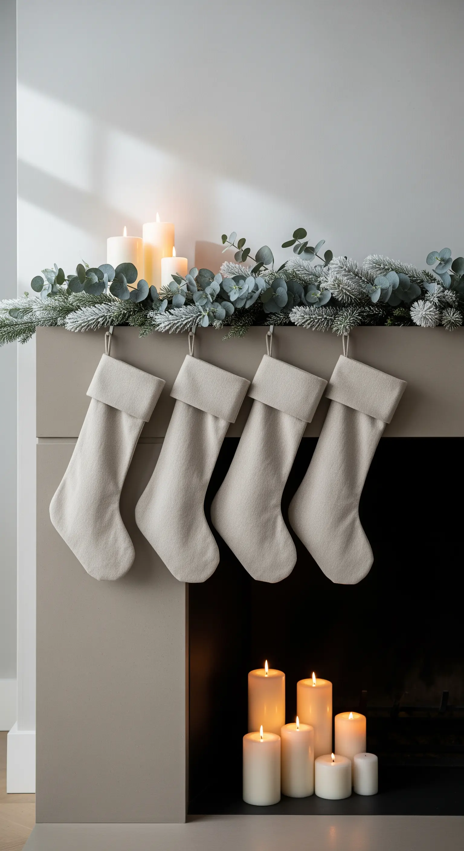Kamin mit beigen Socken, Eukalyptusgirlande und weißen Kerzen
