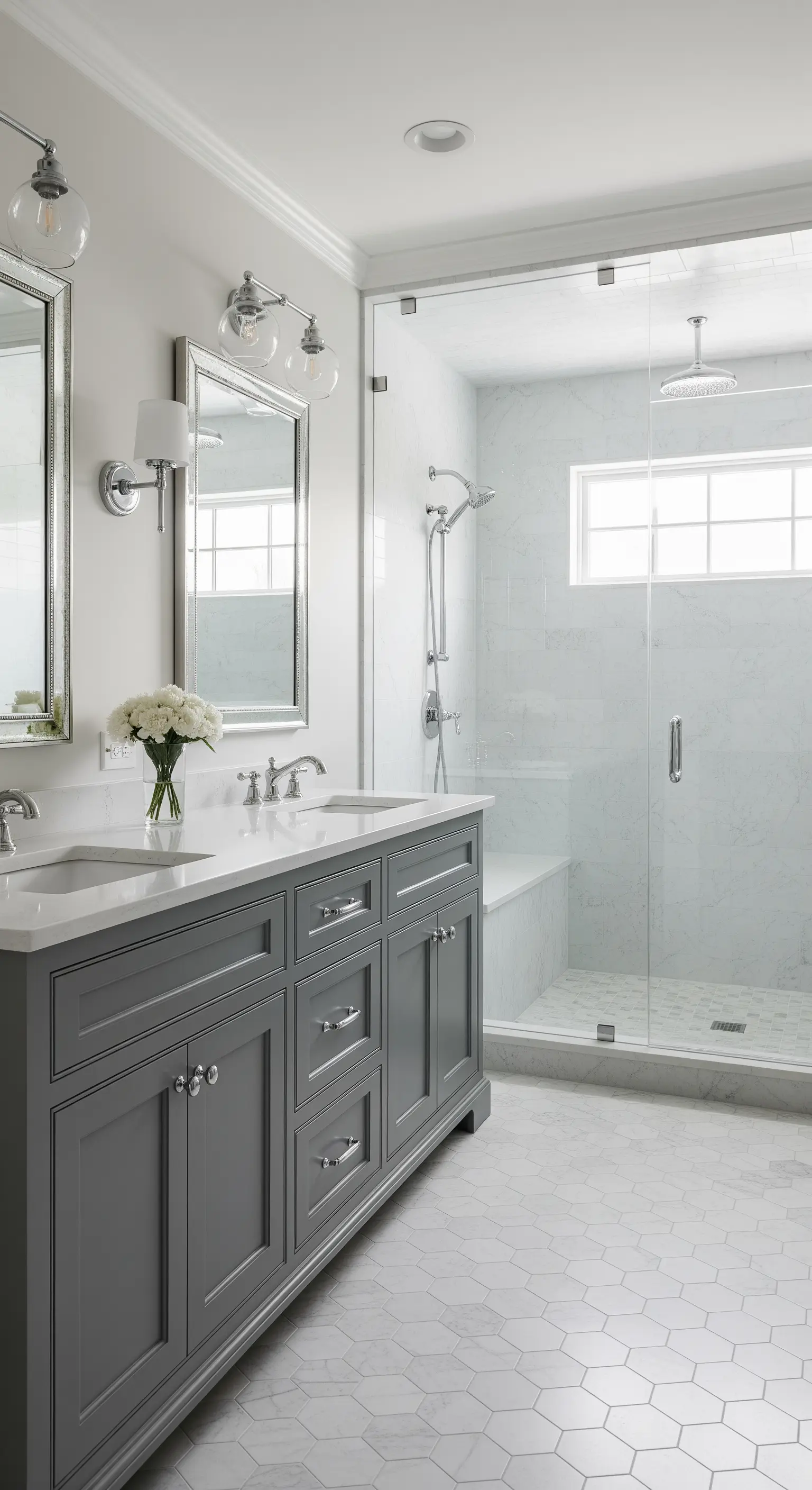 Klassisches Bad mit grauem Waschtisch, Chrom-Armaturen und Sechseck-Marmorfliesen.