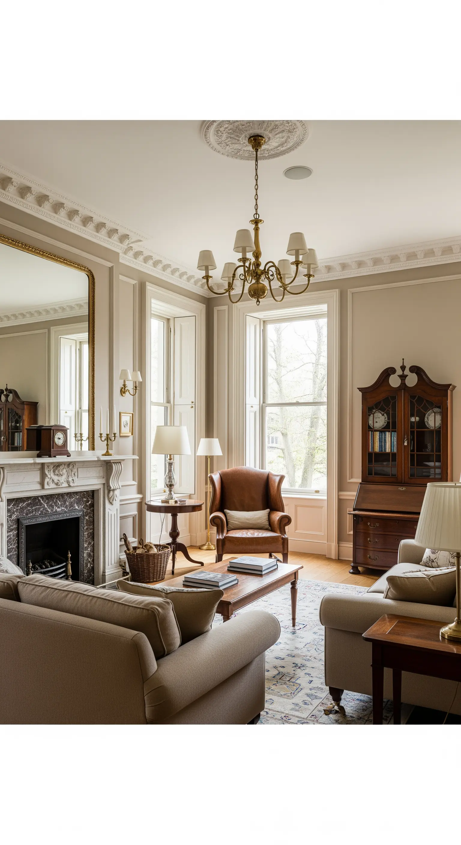 Klassisches Wohnzimmer mit antiken Möbeln, Kamin und Stuckverzierungen.