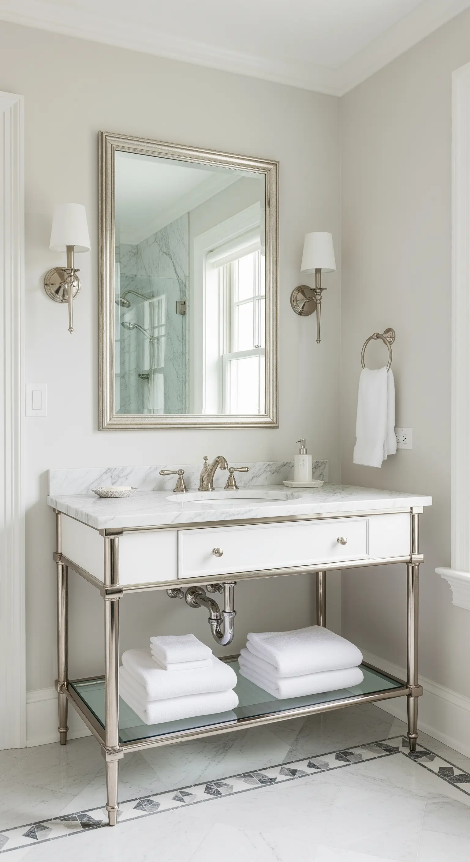 Klassischer Konsolen-Waschtisch mit Nickelgestell, Marmorplatte und Glasablage.