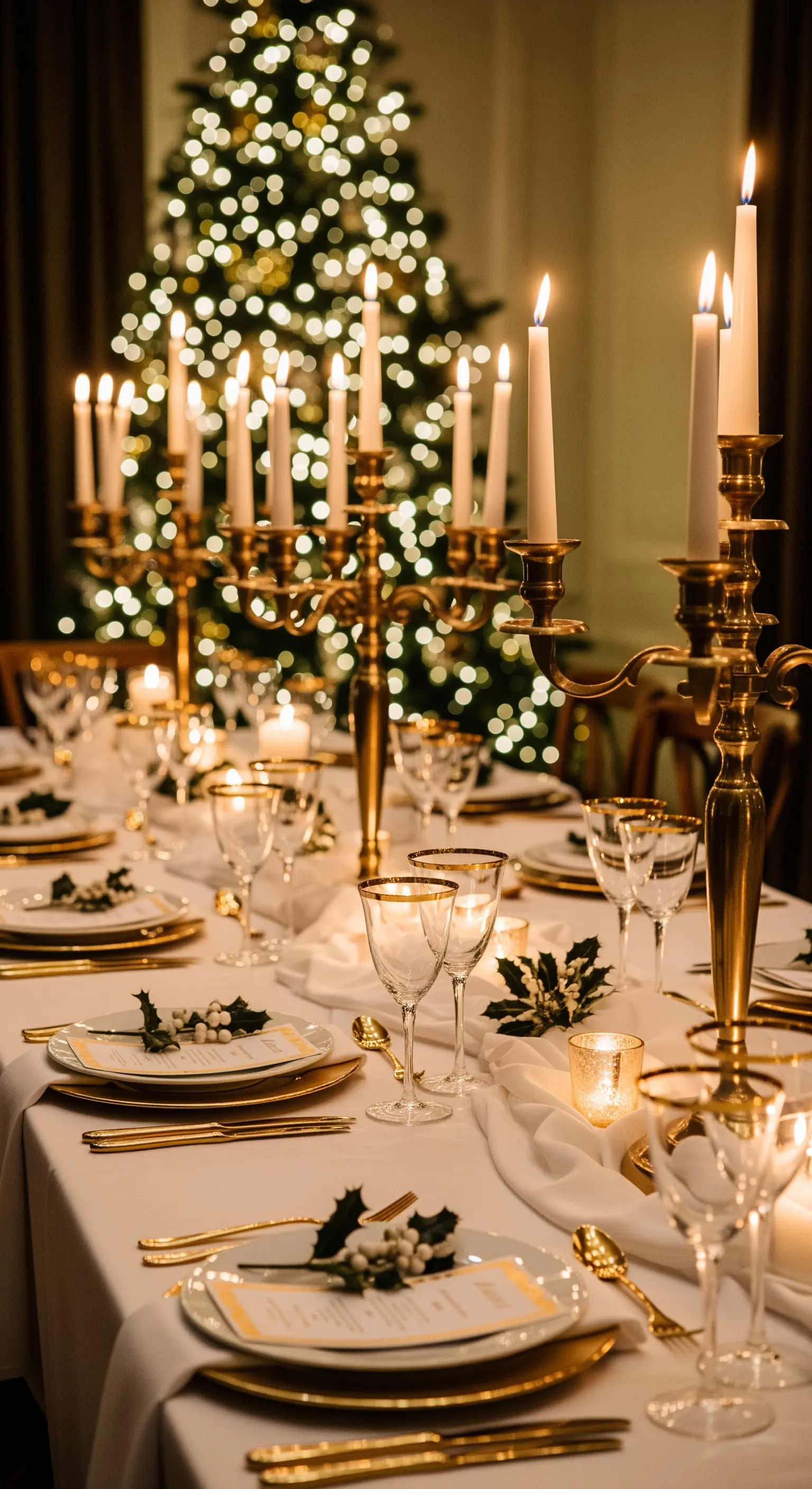 Elegante Weihnachtstafel mit goldenen Kandelabern und weißen Kerzen vor Weihnachtsbaum