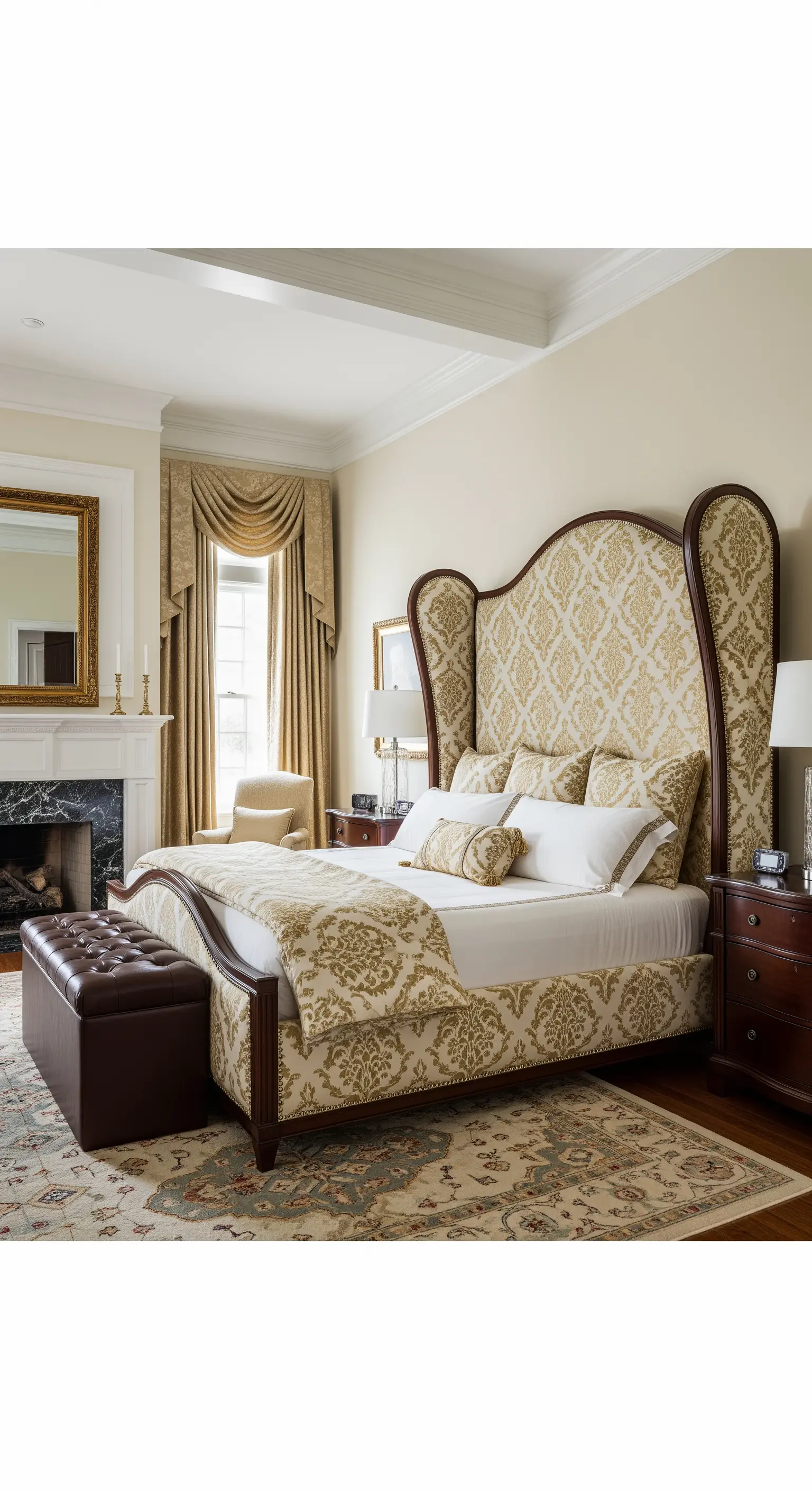 Elegantes Wingback-Bett mit cremefarbenem Damast-Bezug und Holzrahmen