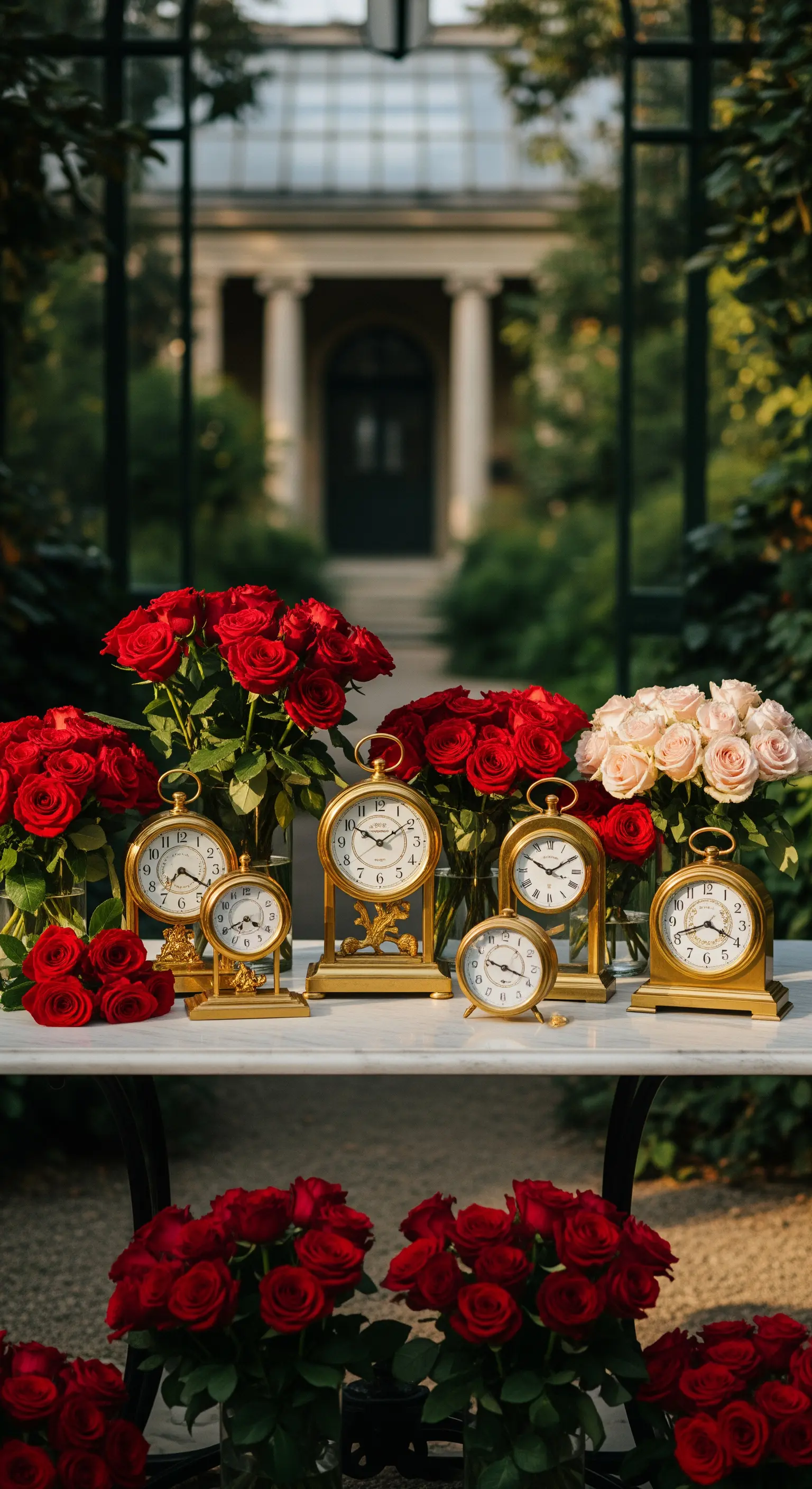 Marmortisch mit goldenen Uhren und Bouquets aus roten und rosa Rosen.