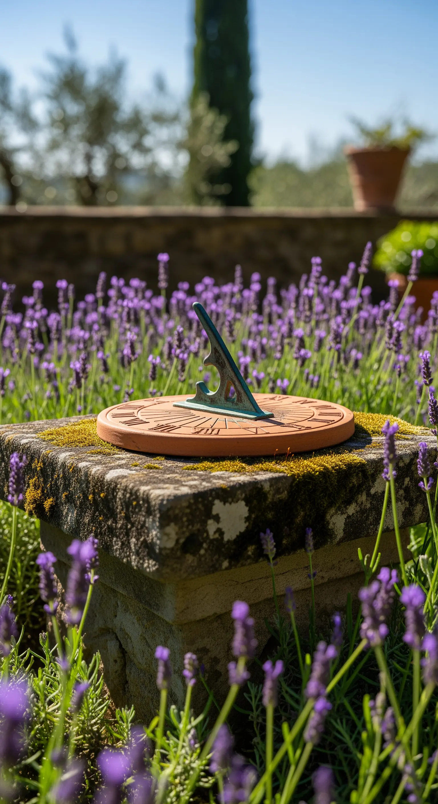 Sonnenuhr auf Steinsockel umgeben von blühendem Lavendel