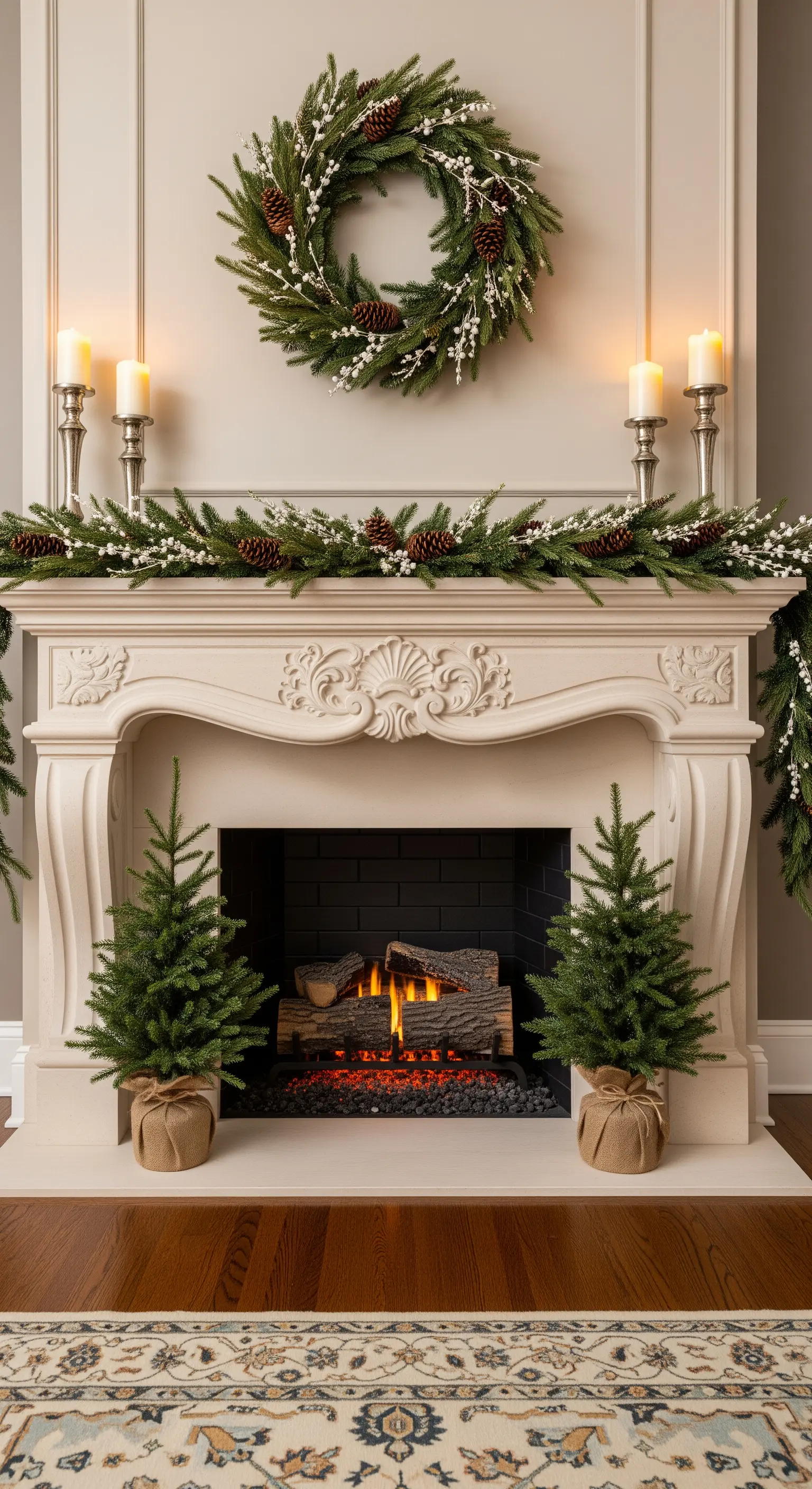 Symmetrisch dekorierter Kamin mit Kranz, Girlande und zwei kleinen Tannenbäumen.
