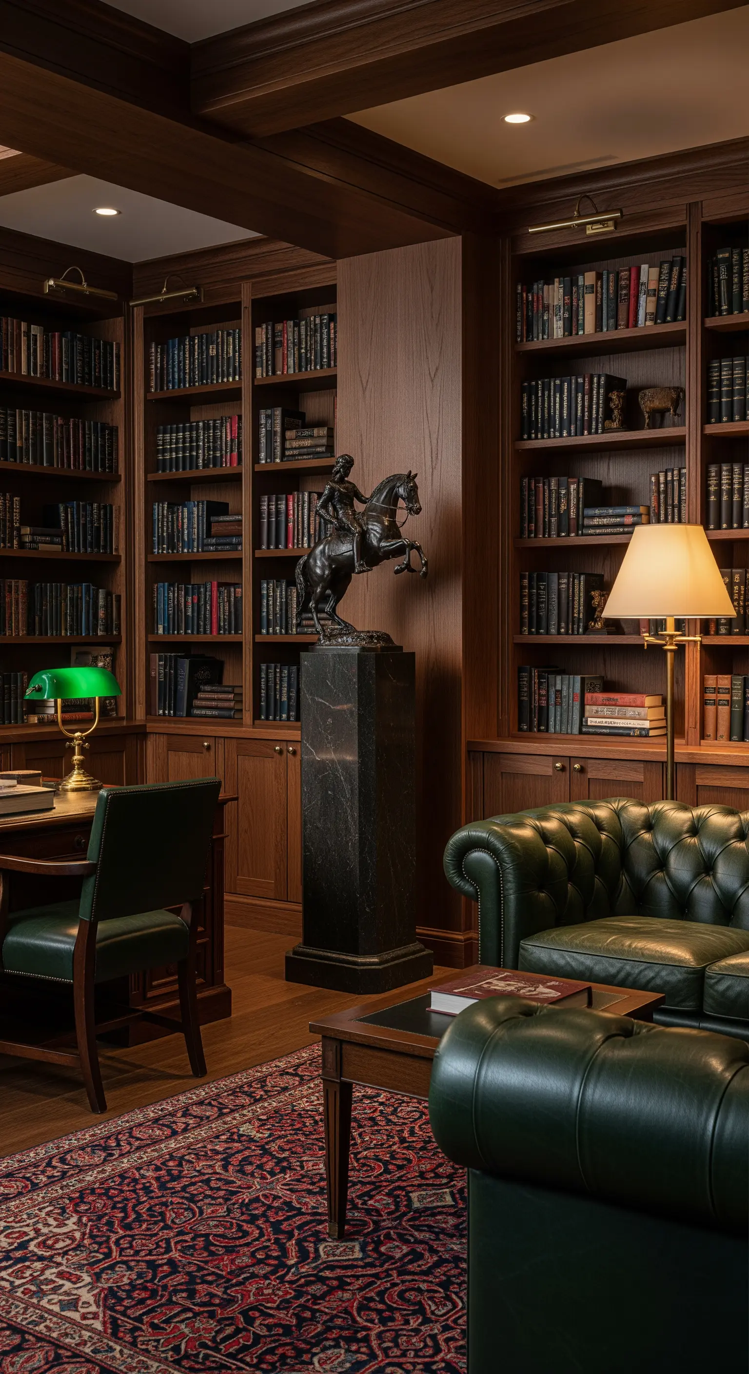 Klassische Reiterstatue aus Bronze auf einem Marmorsockel in einer holzgetäfelten Bibliothek.