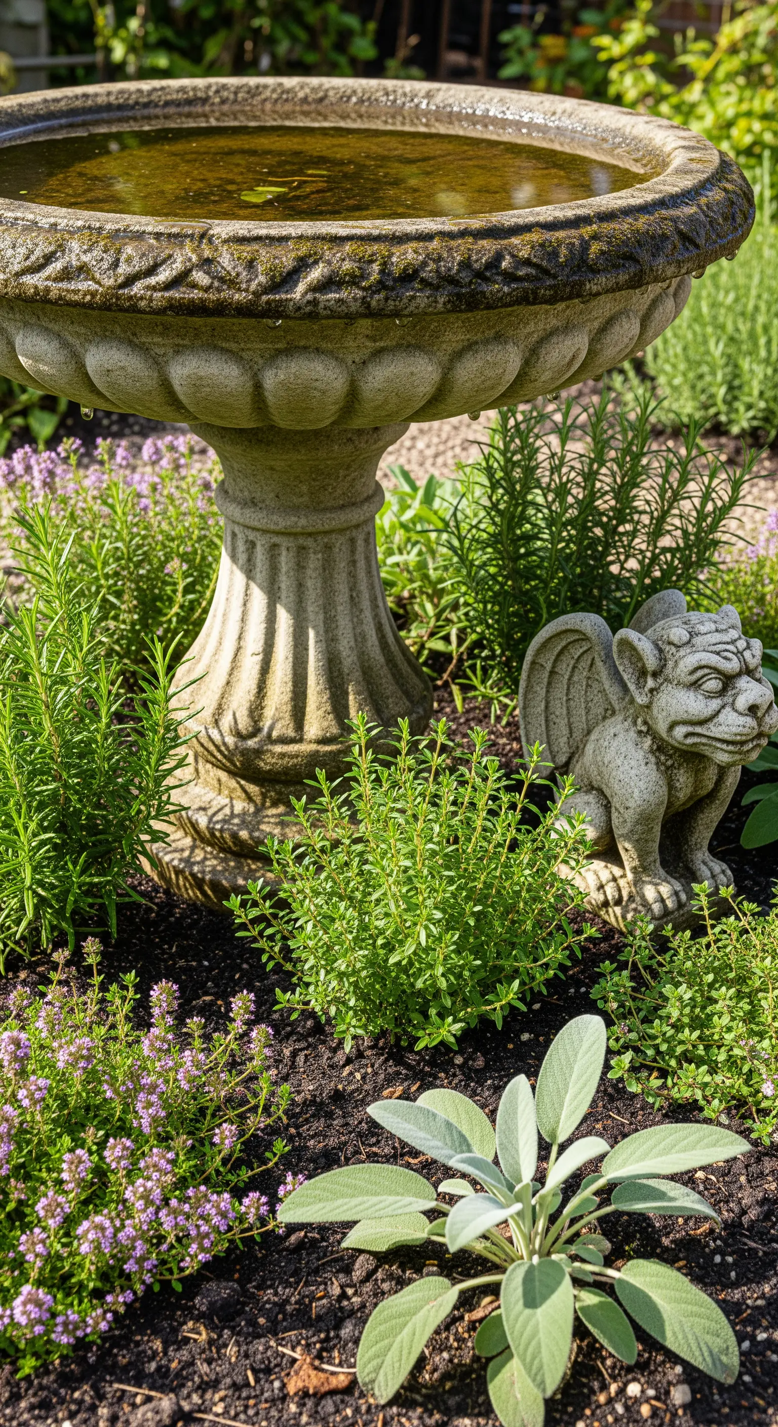Steinerne Vogeltränke mit Gargoyle-Figur, umgeben von blühendem Thymian und Salbei.