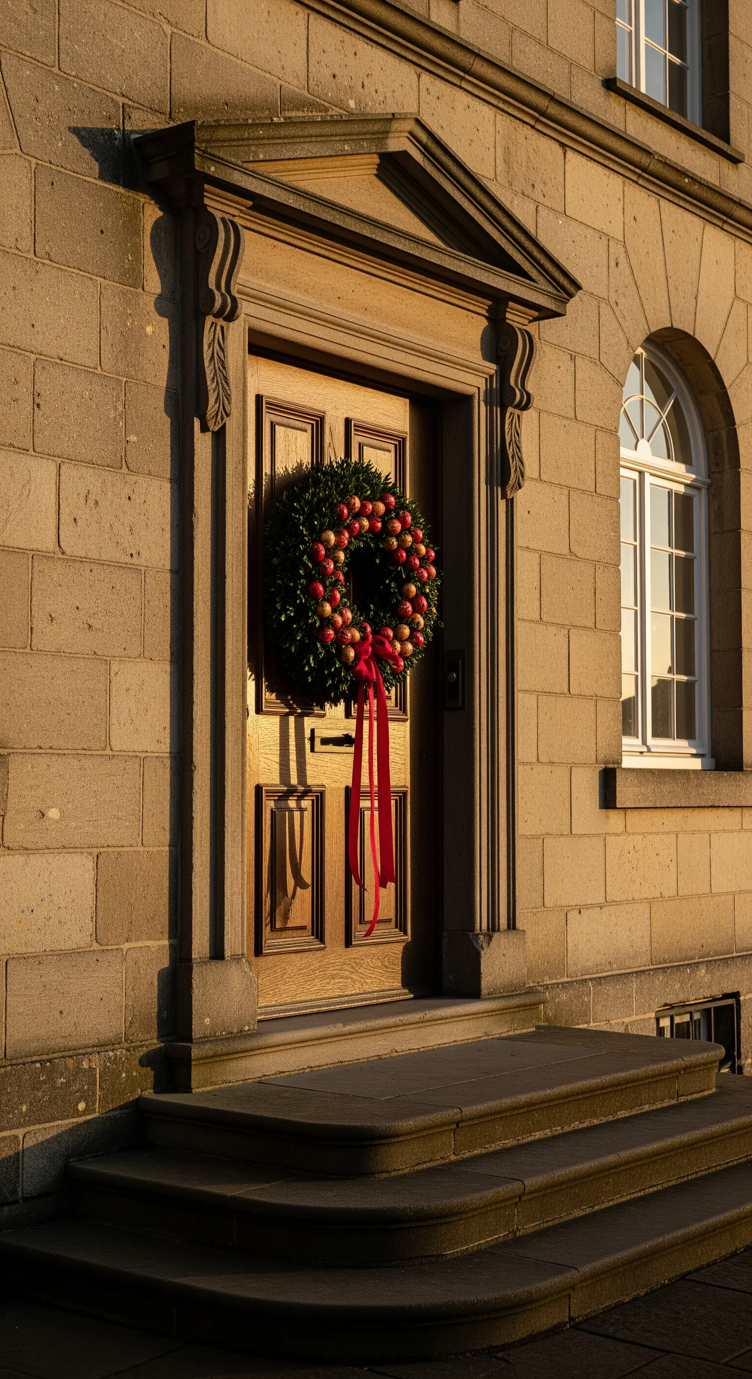 Klassischer Beerenkranz mit roter Schleife an Holztür