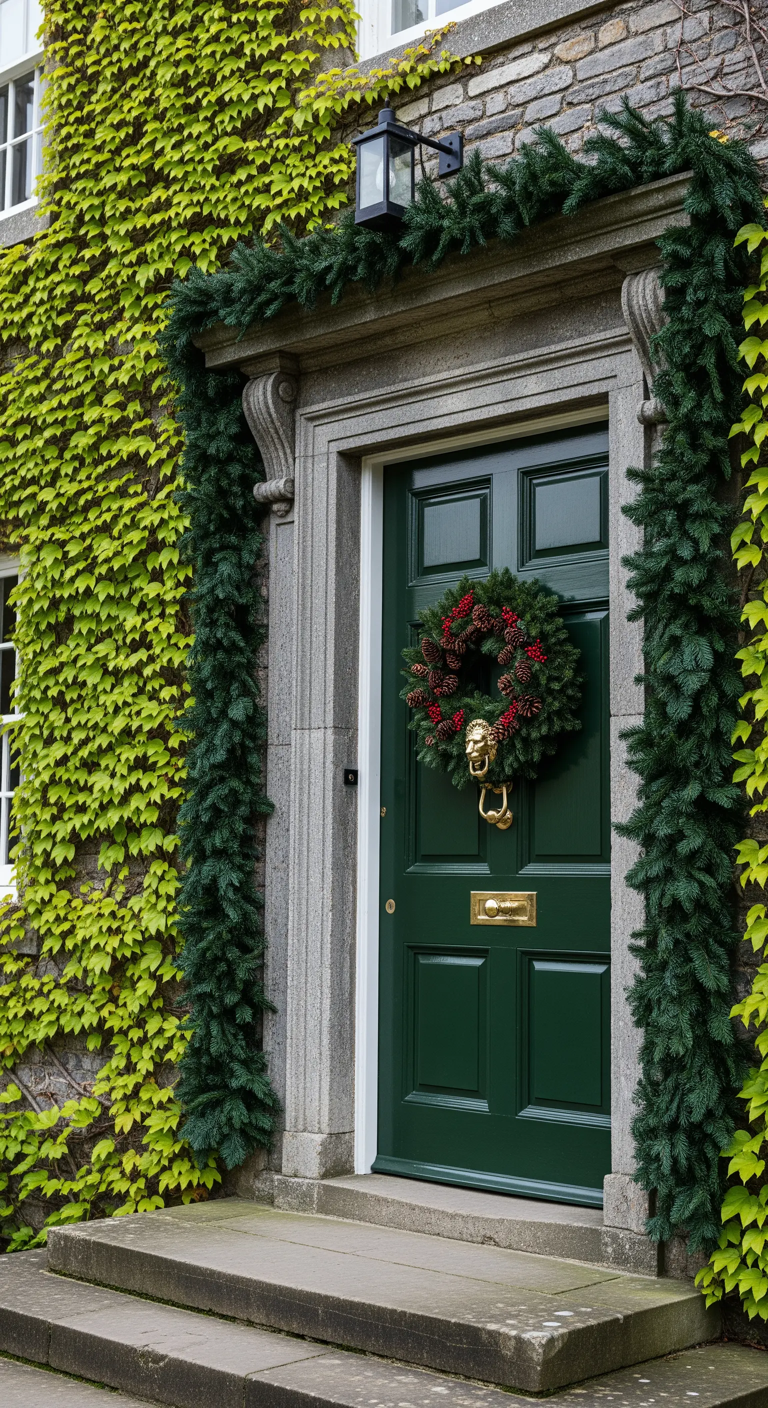 Dunkelgrüne Tür mit Efeu, Tannenzapfenkranz und roten Beeren.