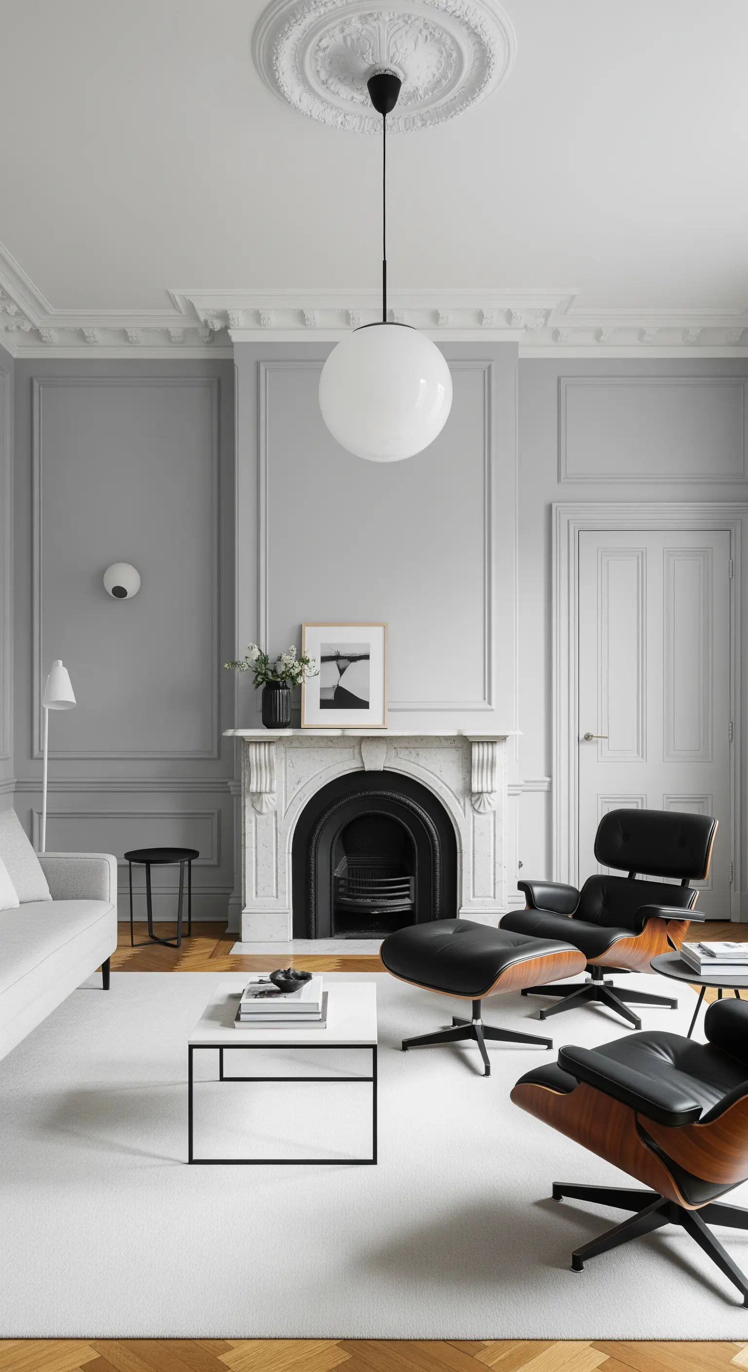 Eleganter Altbau-Raum mit einem Eames Lounge Chair vor einem Marmorkamin.
