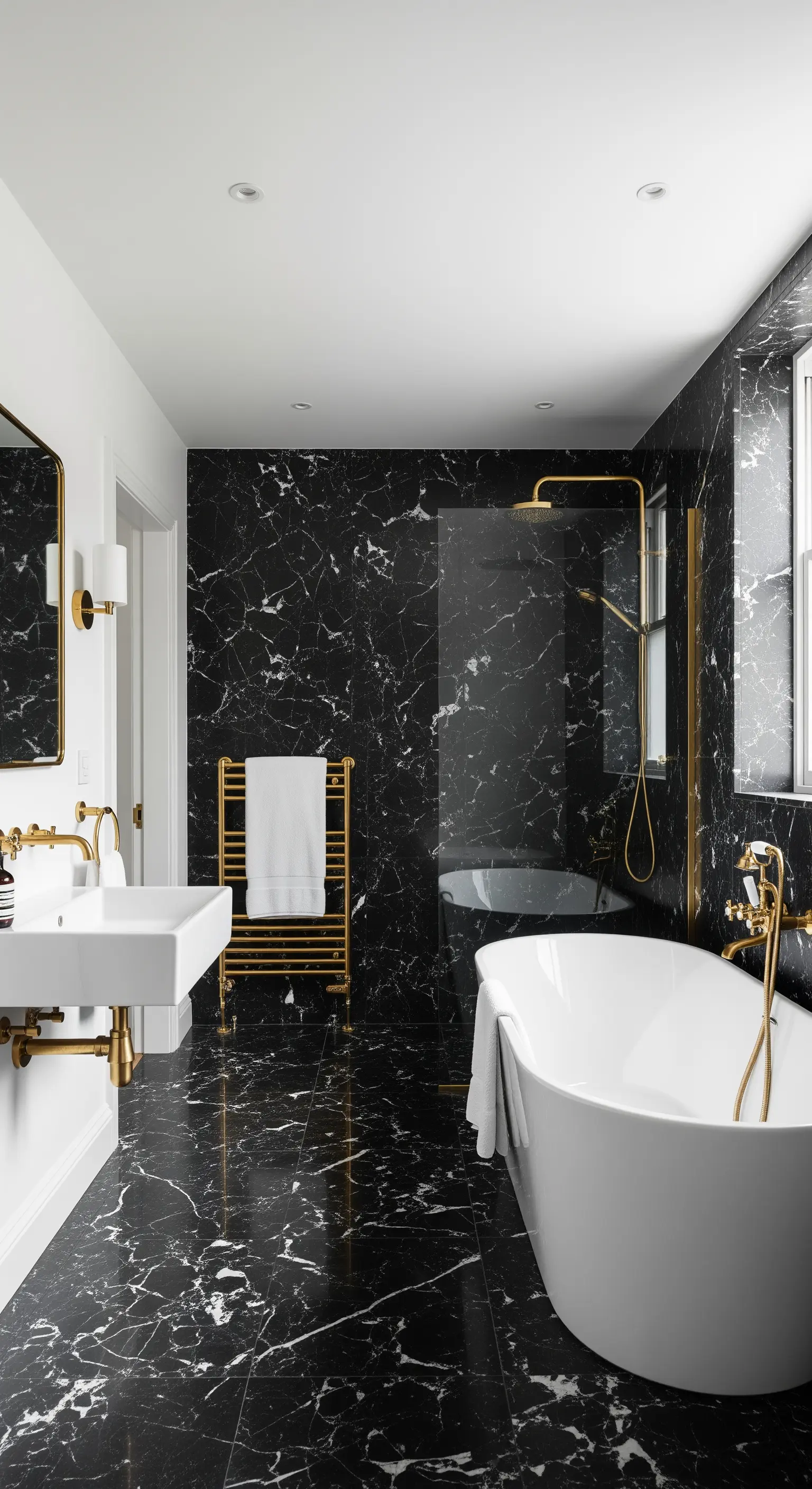 Badezimmer mit schwarzem Marmorboden, weißer Wanne und goldenem Handtuchwärmer.