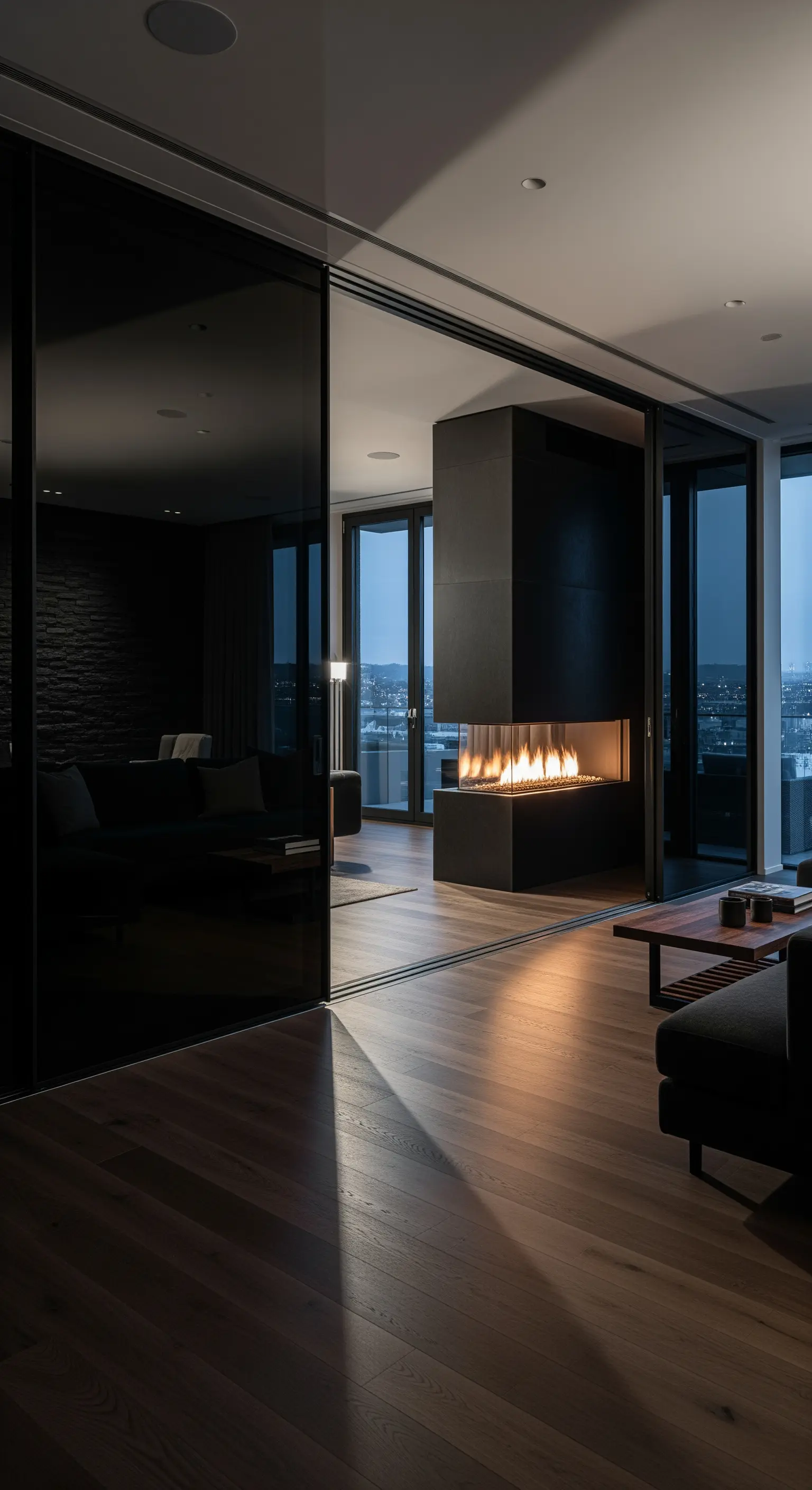 Wohnzimmer mit Panoramablick, Glasschiebetüren und modernem Kamin