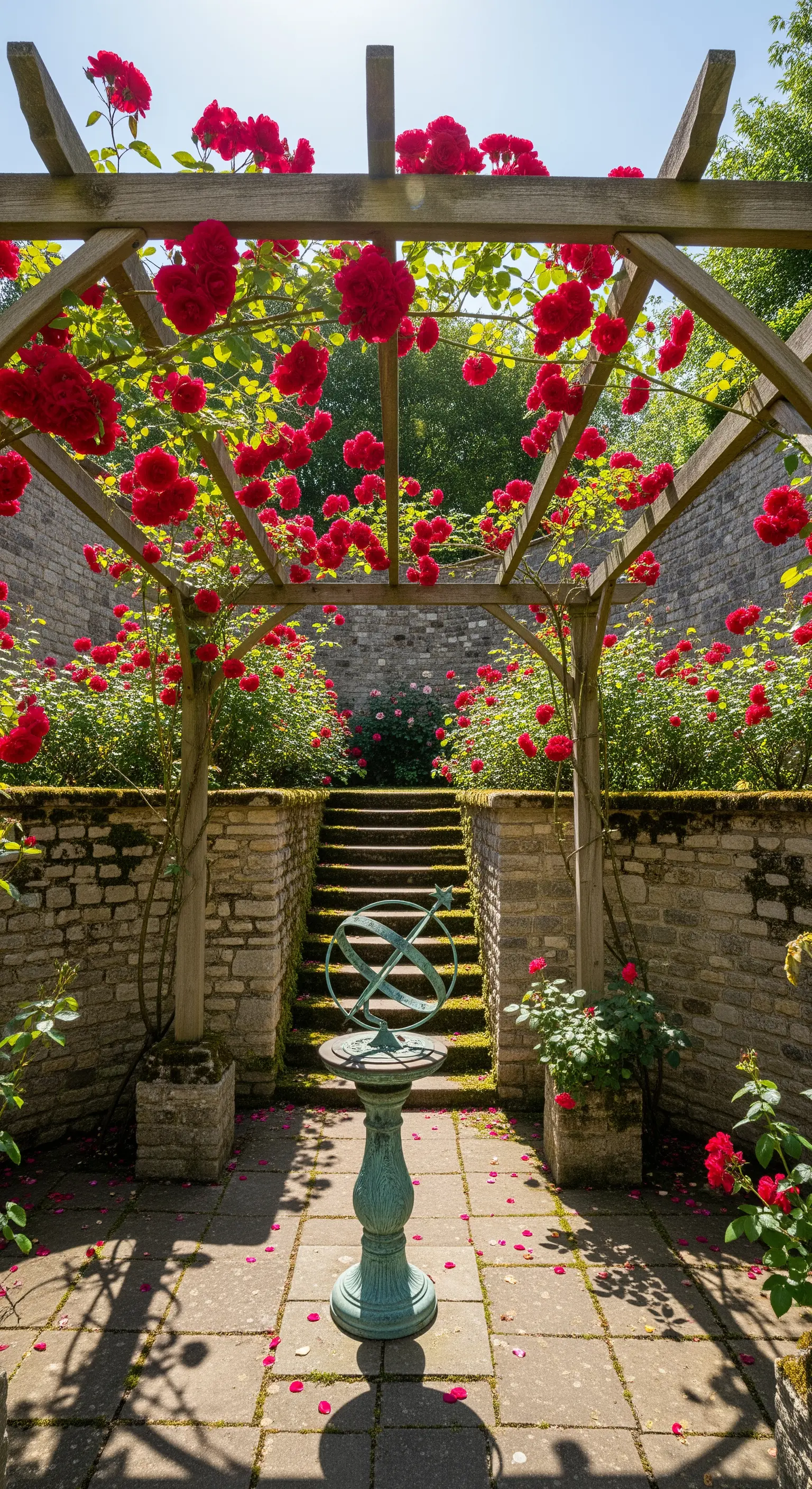 Holzpergola mit roten Kletterrosen über einer Steintreppe mit einer antiken Sonnenuhr