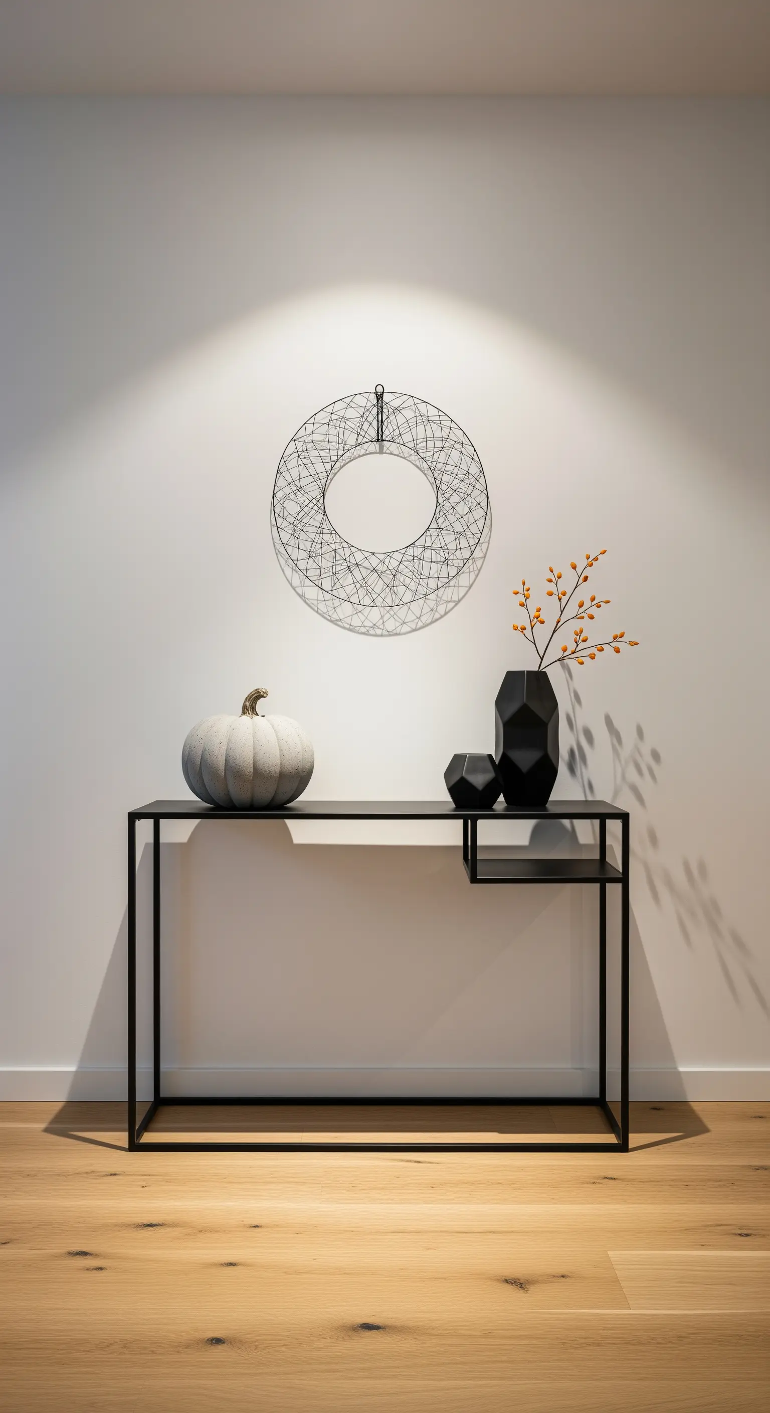 Minimalistischer Konsolentisch mit grauem Kürbis und schwarzen Vasen