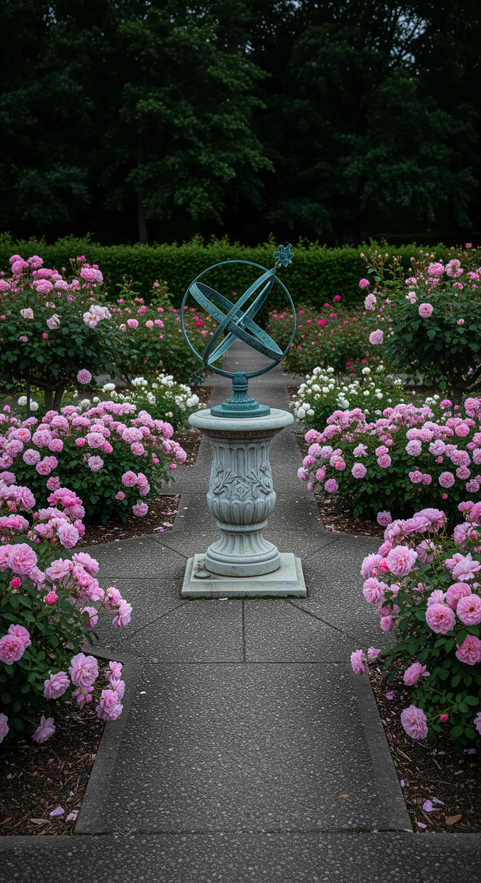 Armillarsphäre auf Steinsockel, umgeben von pinken und weißen Rosen.