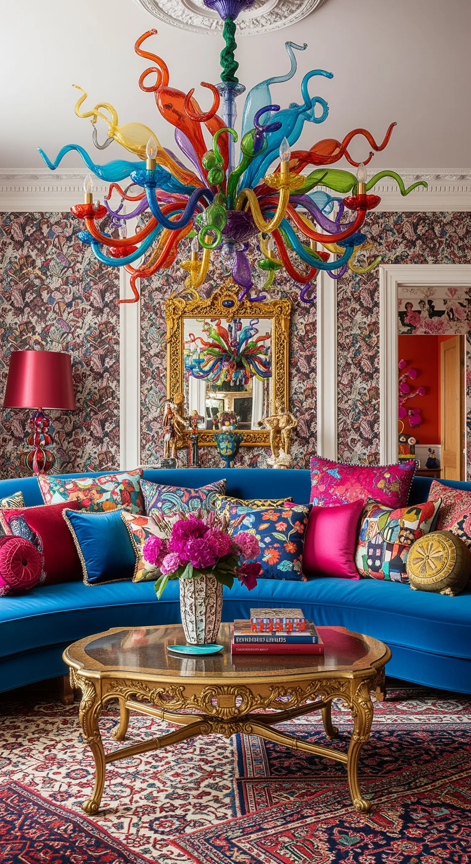 Extravaganter, bunter Murano-Glas-Kronleuchter in einem maximalistischen Wohnzimmer.