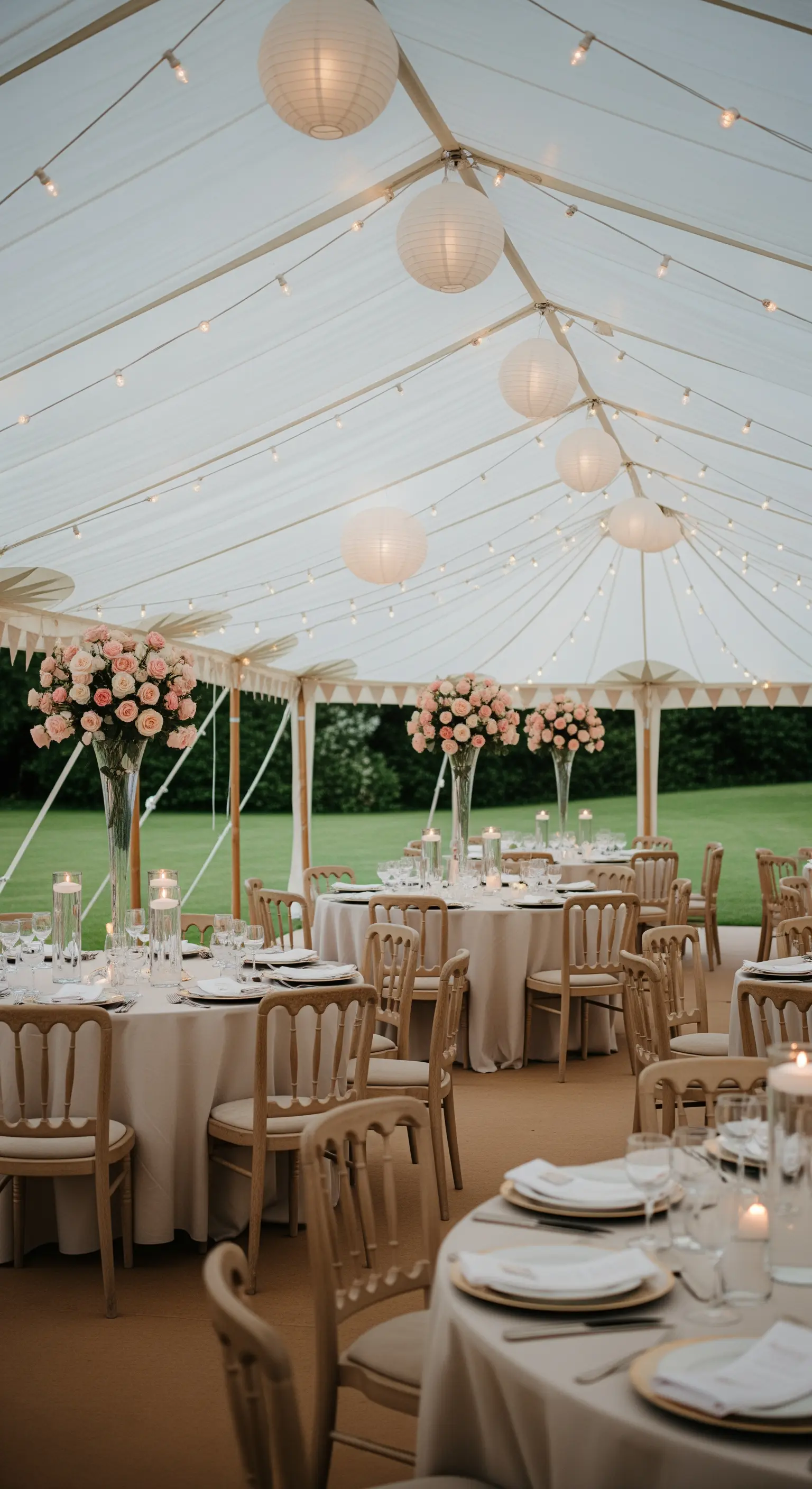 Festzelt mit runden Tischen, hohen Rosengestecken und Lichterketten